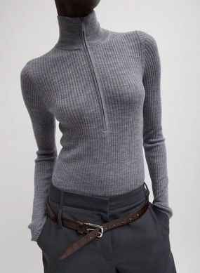 Relaxed Fit Feather Weight Ribbed Tneck Zip Up Sweater In Grey