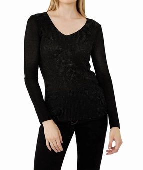 Trendy Knitwear Seasonal Wear Bejweled V-Neck Knit Top In Black