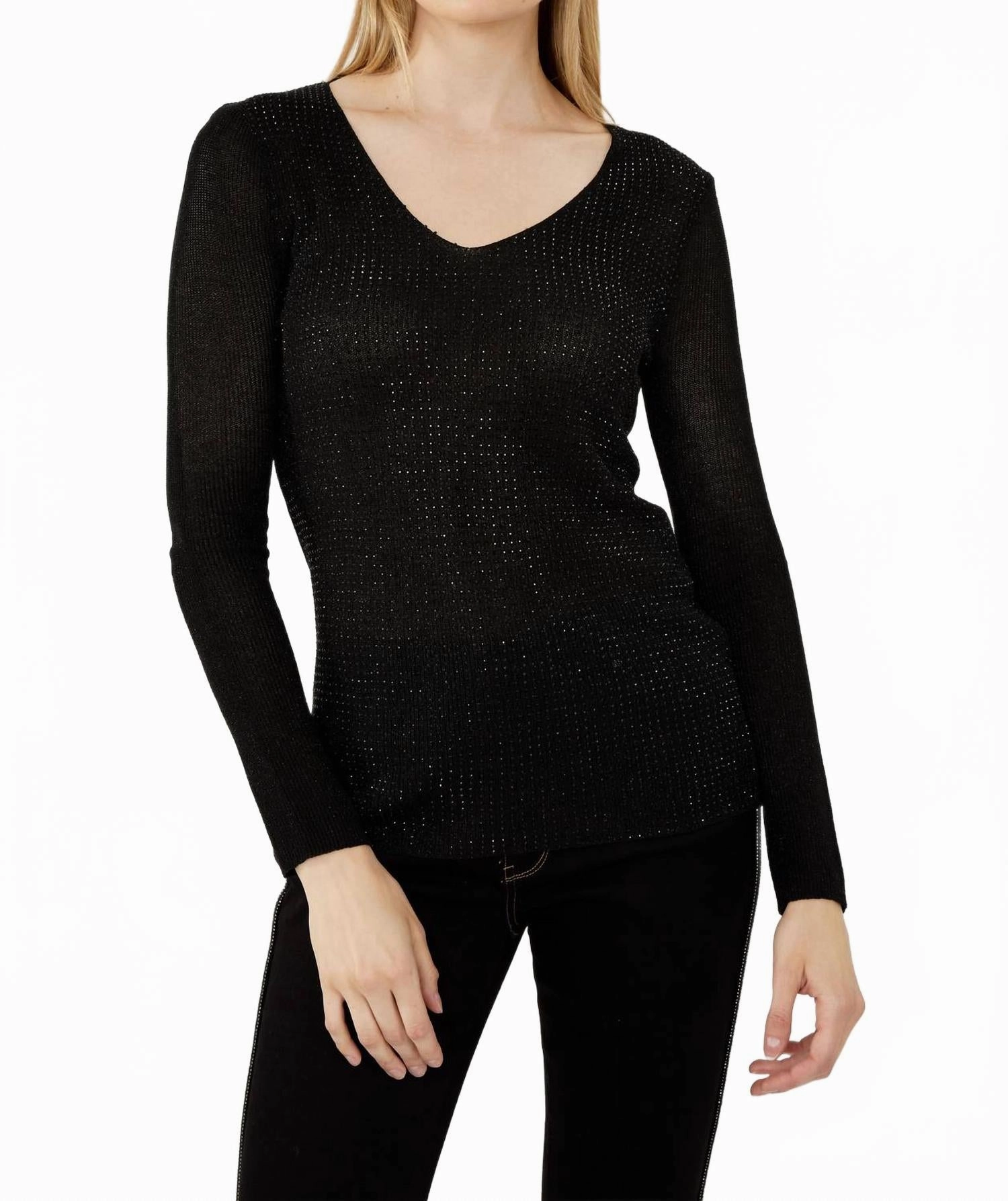 Bejweled V-Neck Knit Top In Black Quick drying material Comfort Choice