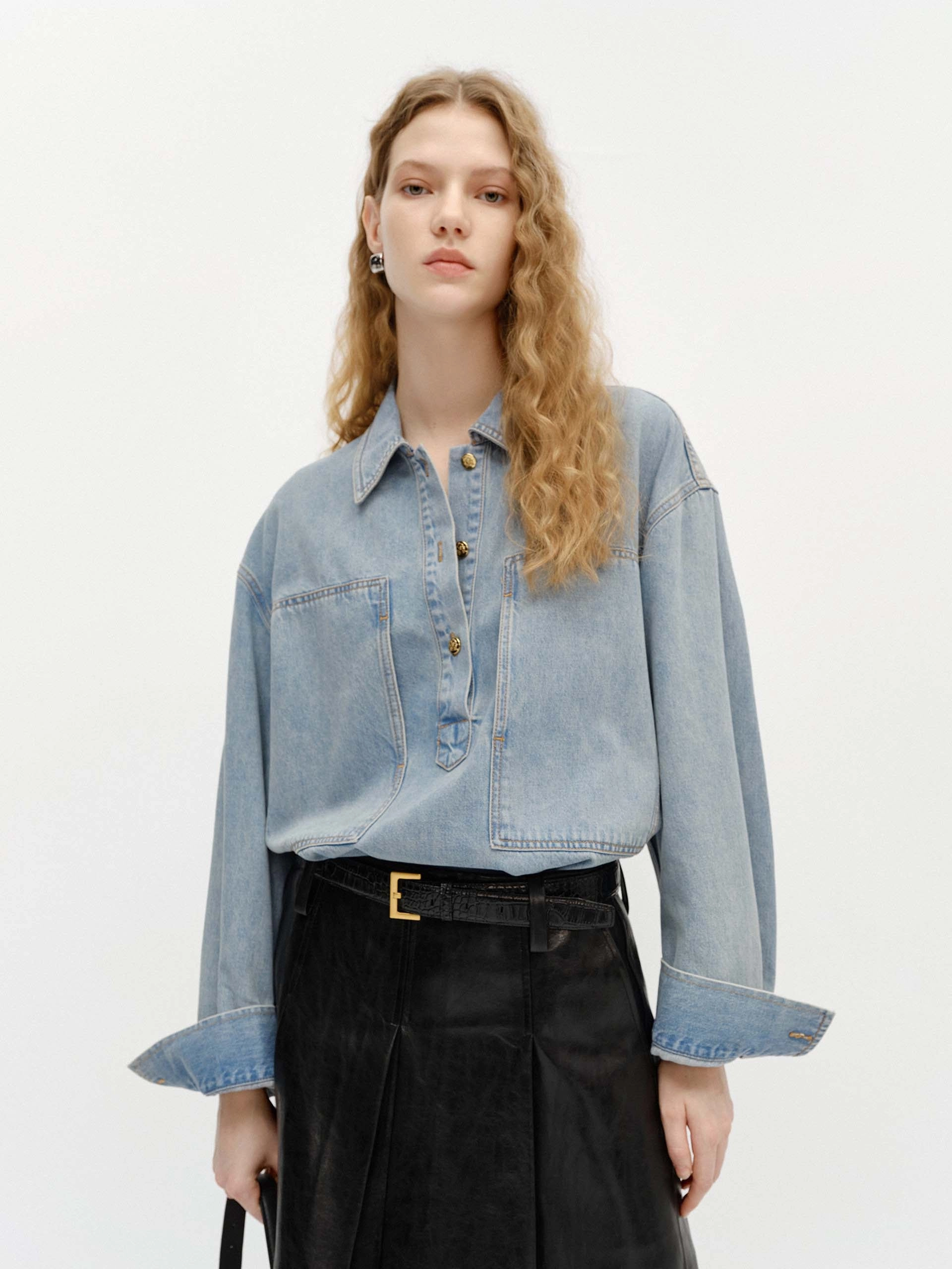 Half Button Cotton Blouse Durable Reinforced Elbow Patches Hybrid Fabric Blend