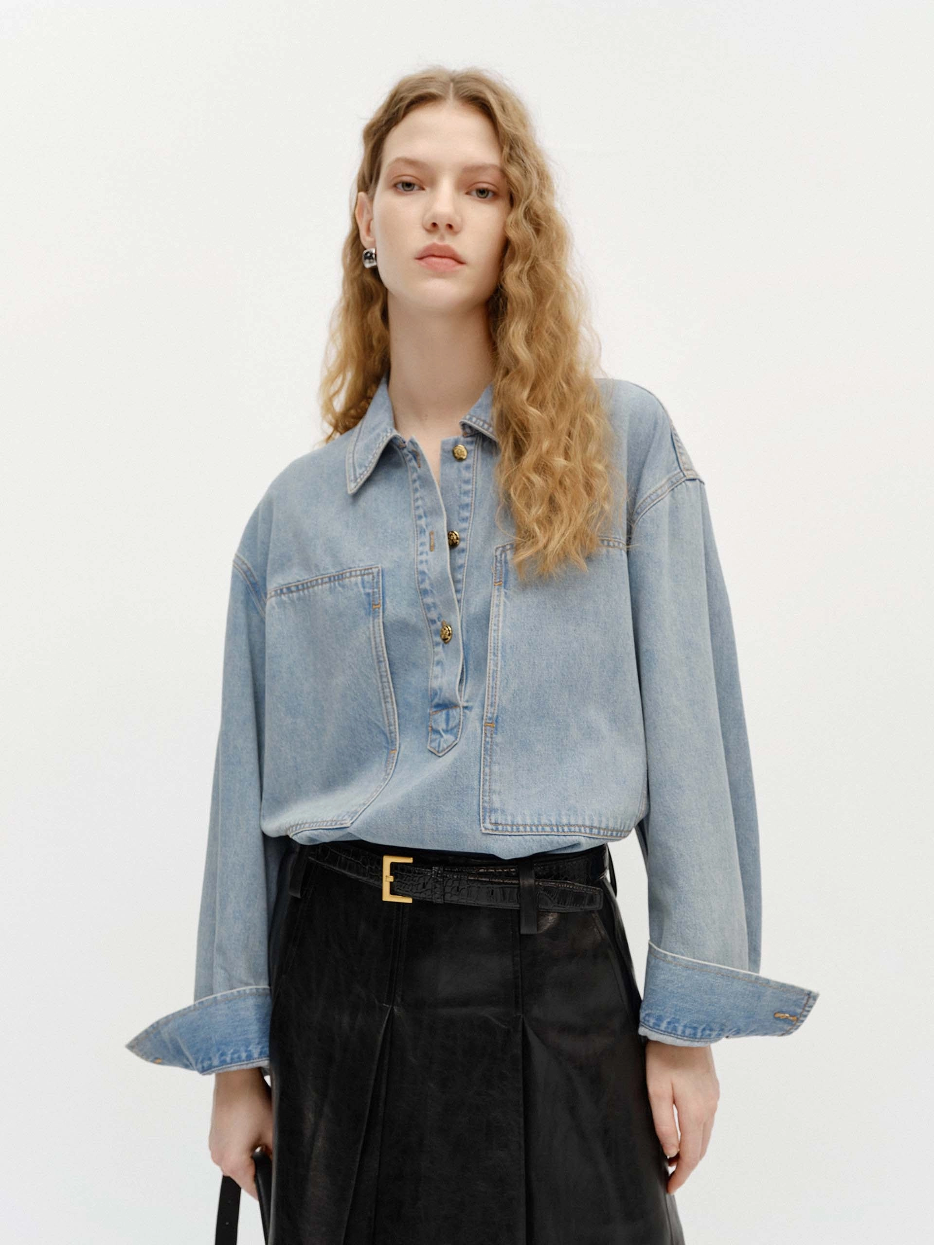 Half Button Cotton Blouse ConvertibleStyle