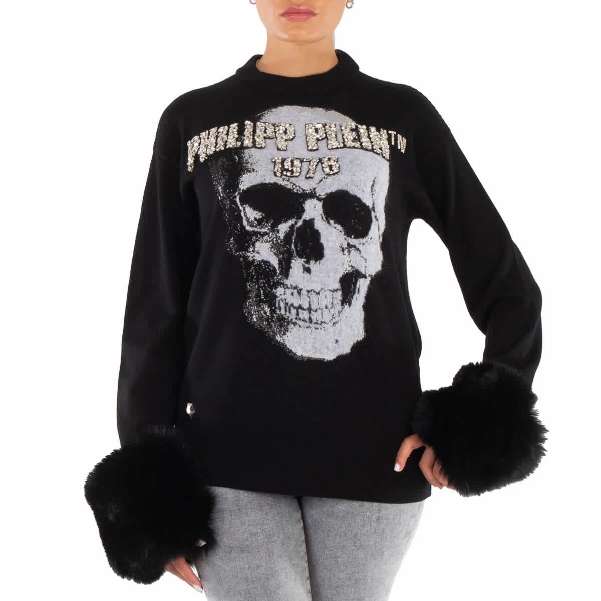 Stylish Knit Layer Micro Gauge Knitting Philipp Plein Skull Embroidered Round Neck Pullover