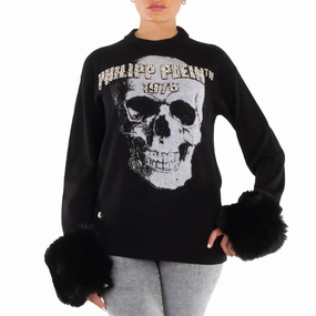Stylish Knit Layer Micro Gauge Knitting Philipp Plein Skull Embroidered Round Neck Pullover