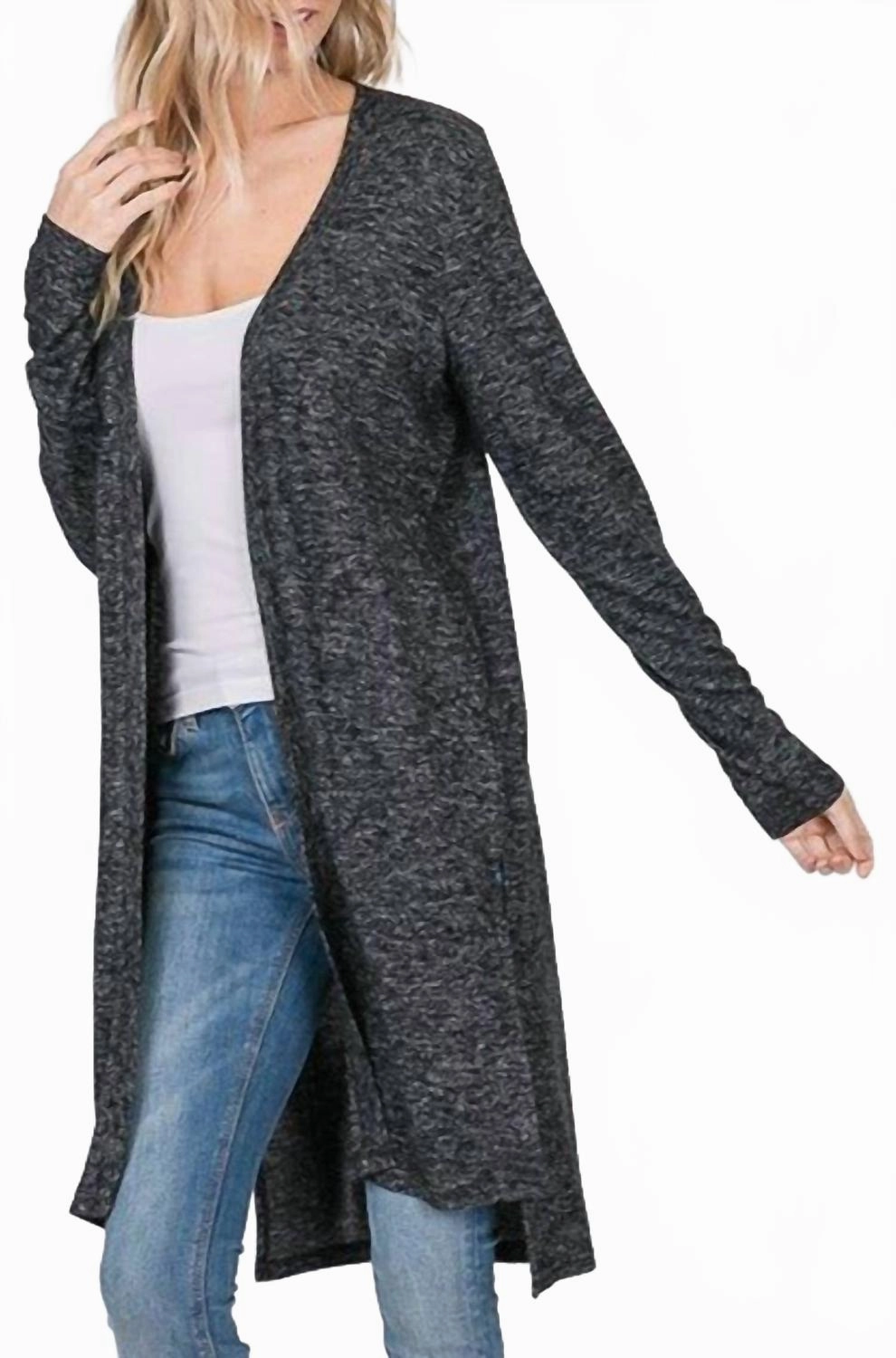 Super Soft Long Sleeve Hacci Open Front Cardigan In Dark Charcoal Warm and Cozy Anti Pilling Treatment