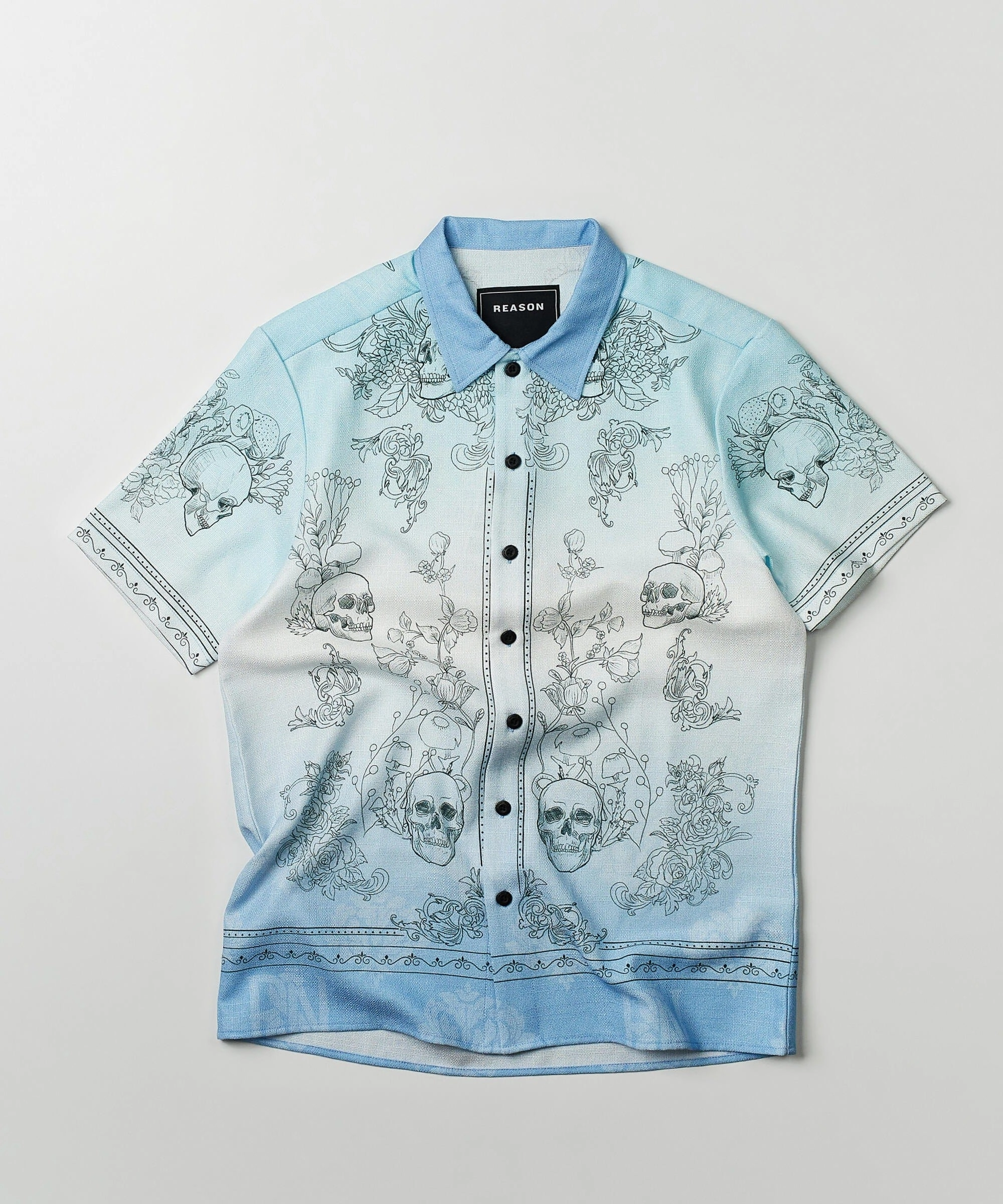 Styx Skulls Linen Texture Short Sleeve Button Down Shirt - Light Blue Friction Resistant Finish