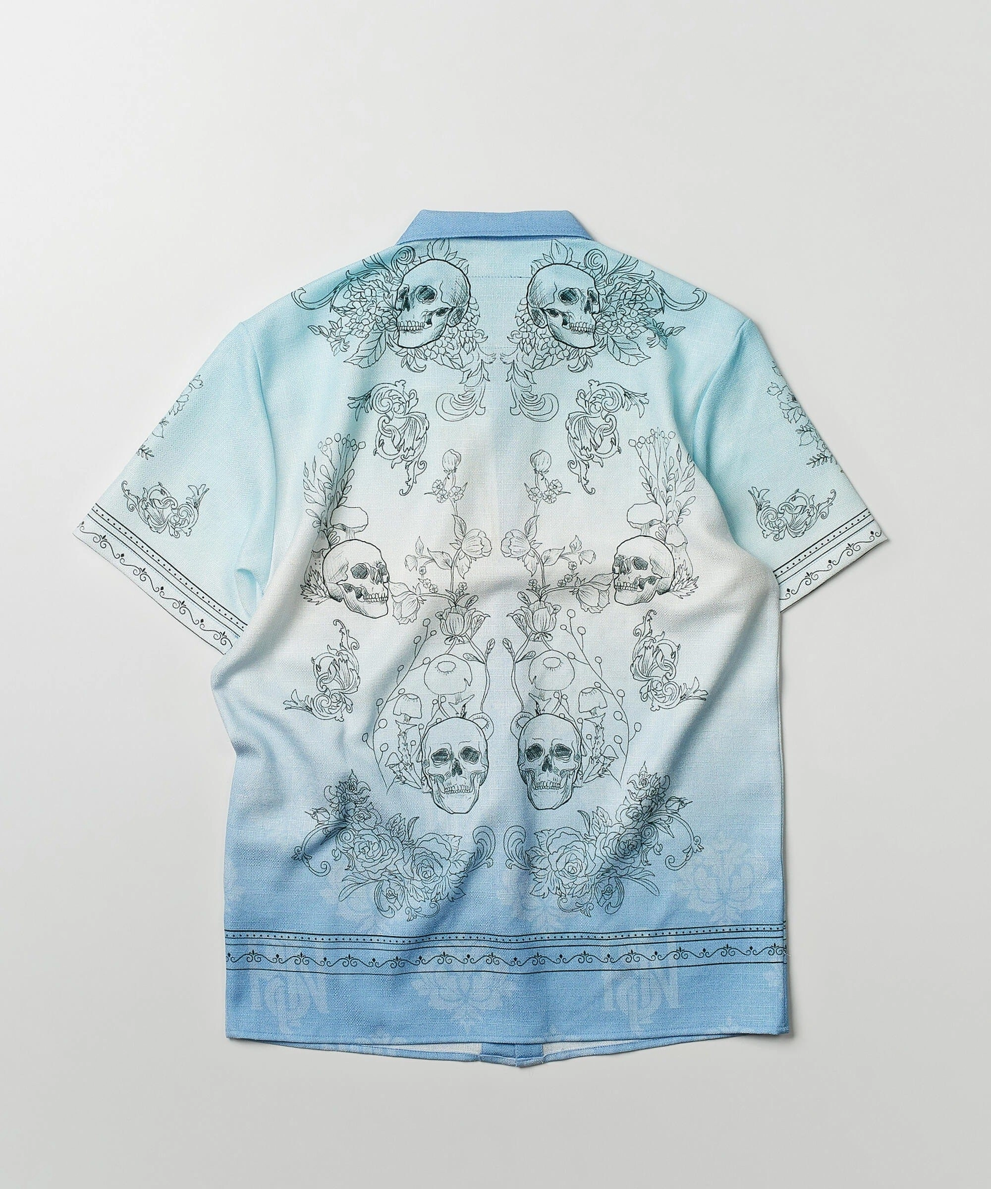 Minimalist Silhouette Loose Sweater Styx Skulls Linen Texture Short Sleeve Button Down Shirt - Light Blue