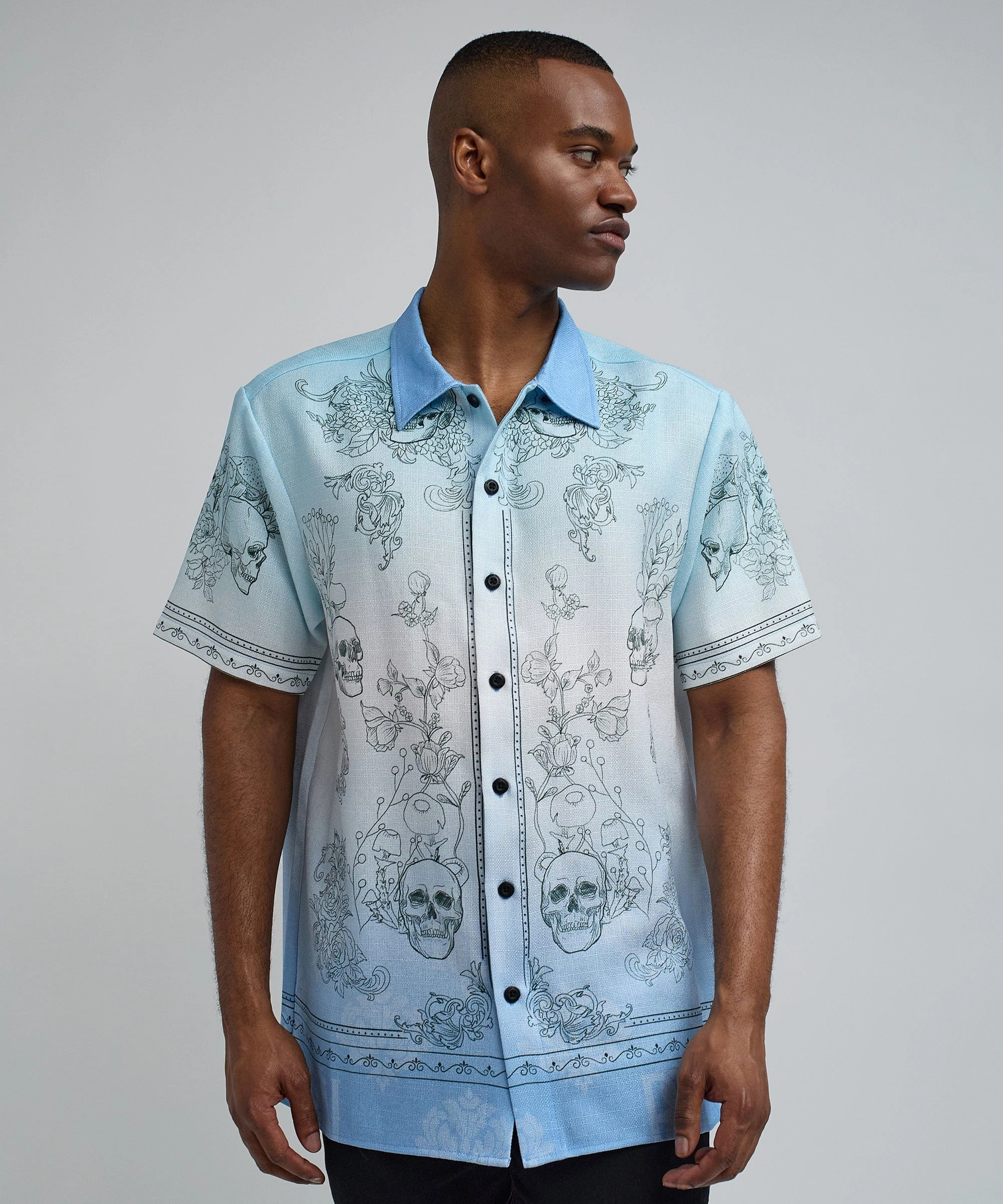 Styx Skulls Linen Texture Short Sleeve Button Down Shirt - Light Blue Modern Design