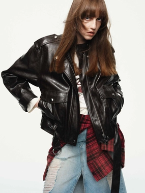 PU Leather Bomber Jacket Convertible Collar HighDensity Weave