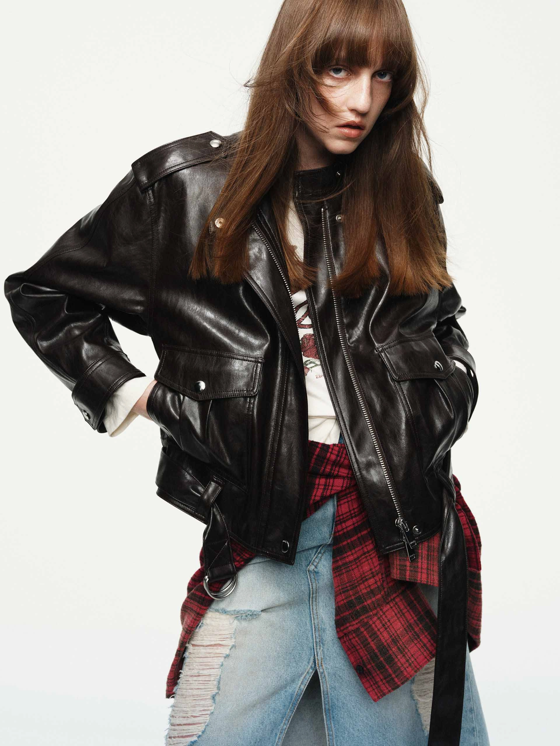 Reinforced Collar Structure PU Leather Bomber Jacket