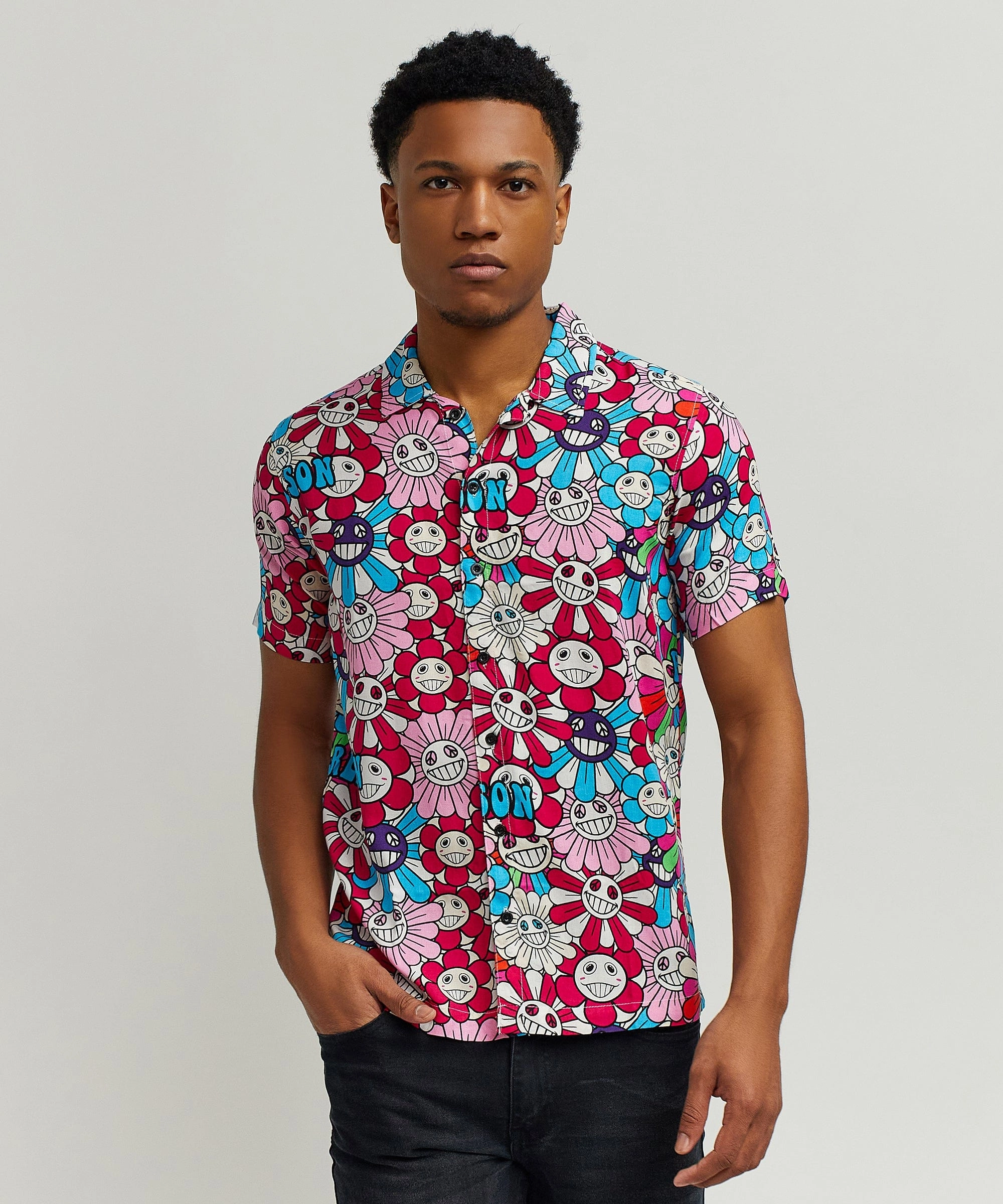 Sunflower Allover Print Short Sleeve Shirt OdorResistantFinish Adjustable Hem Cuff