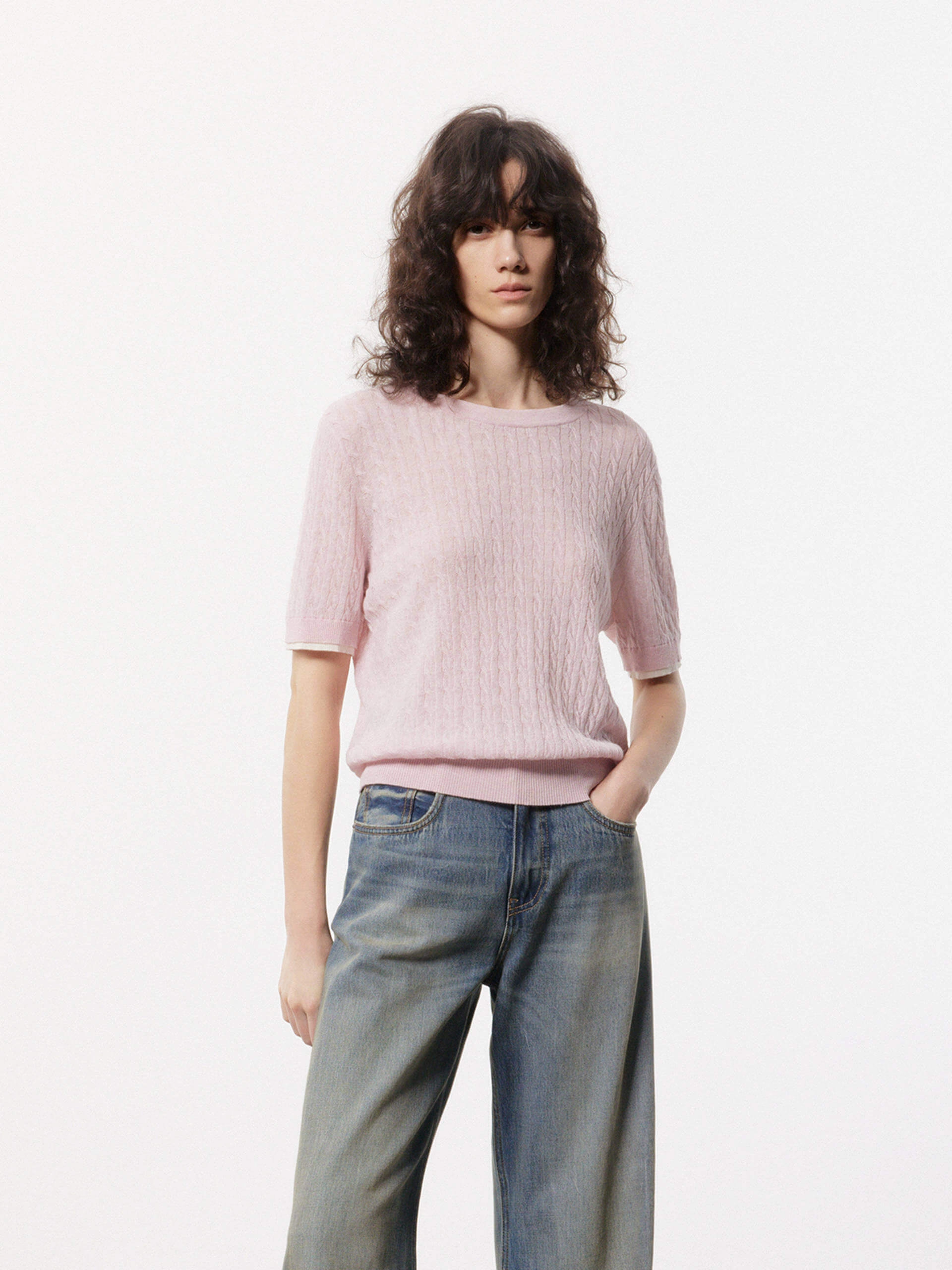 Wear Resistant Edge ContrastTipping Cotton Linen Knit Top