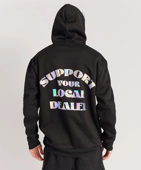 Cozy Sweater Support Local Iridescent Foil Print Hoodie - Black