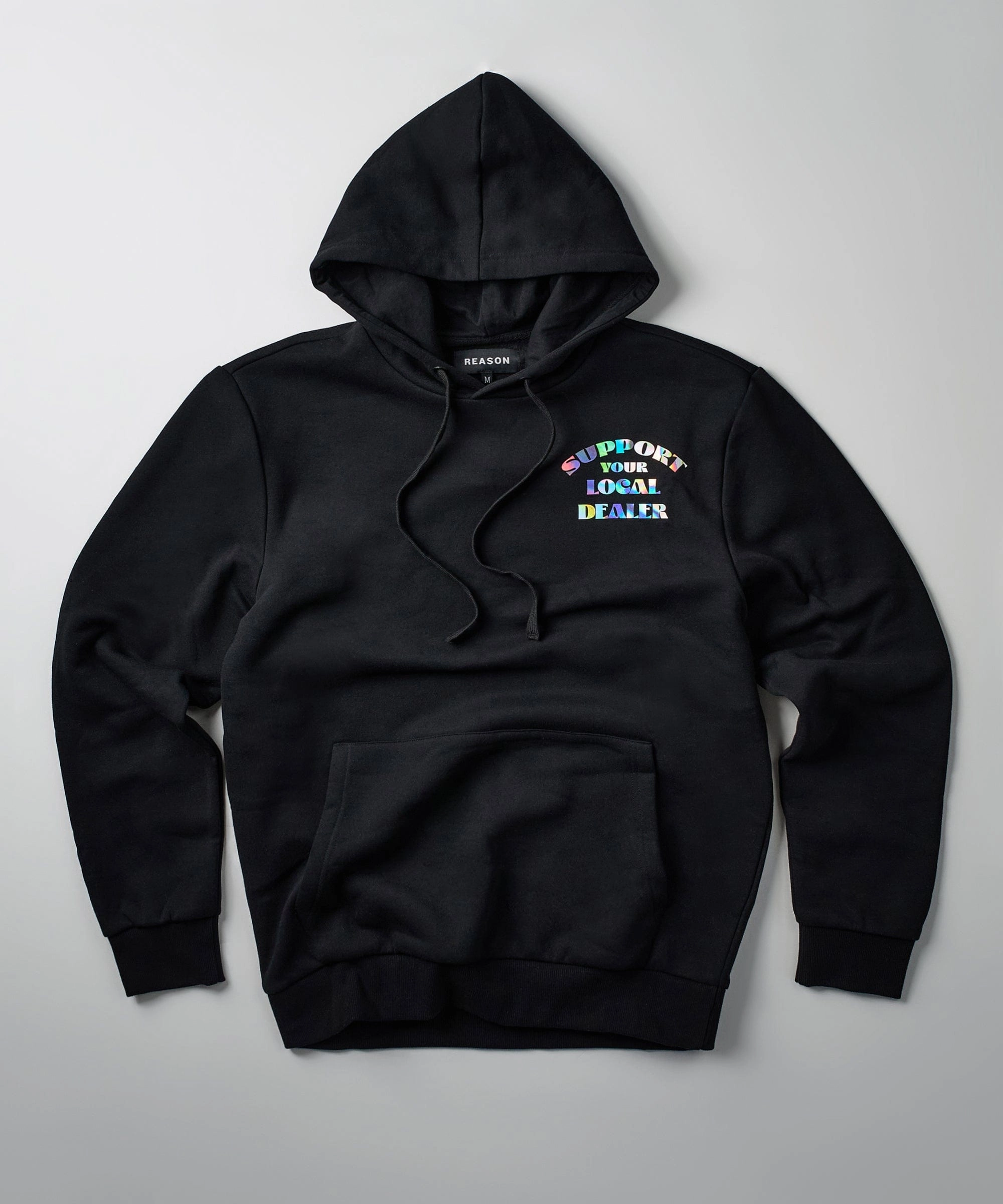 Support Local Iridescent Foil Print Hoodie - Black Compression Fit Engineering Textured Weave