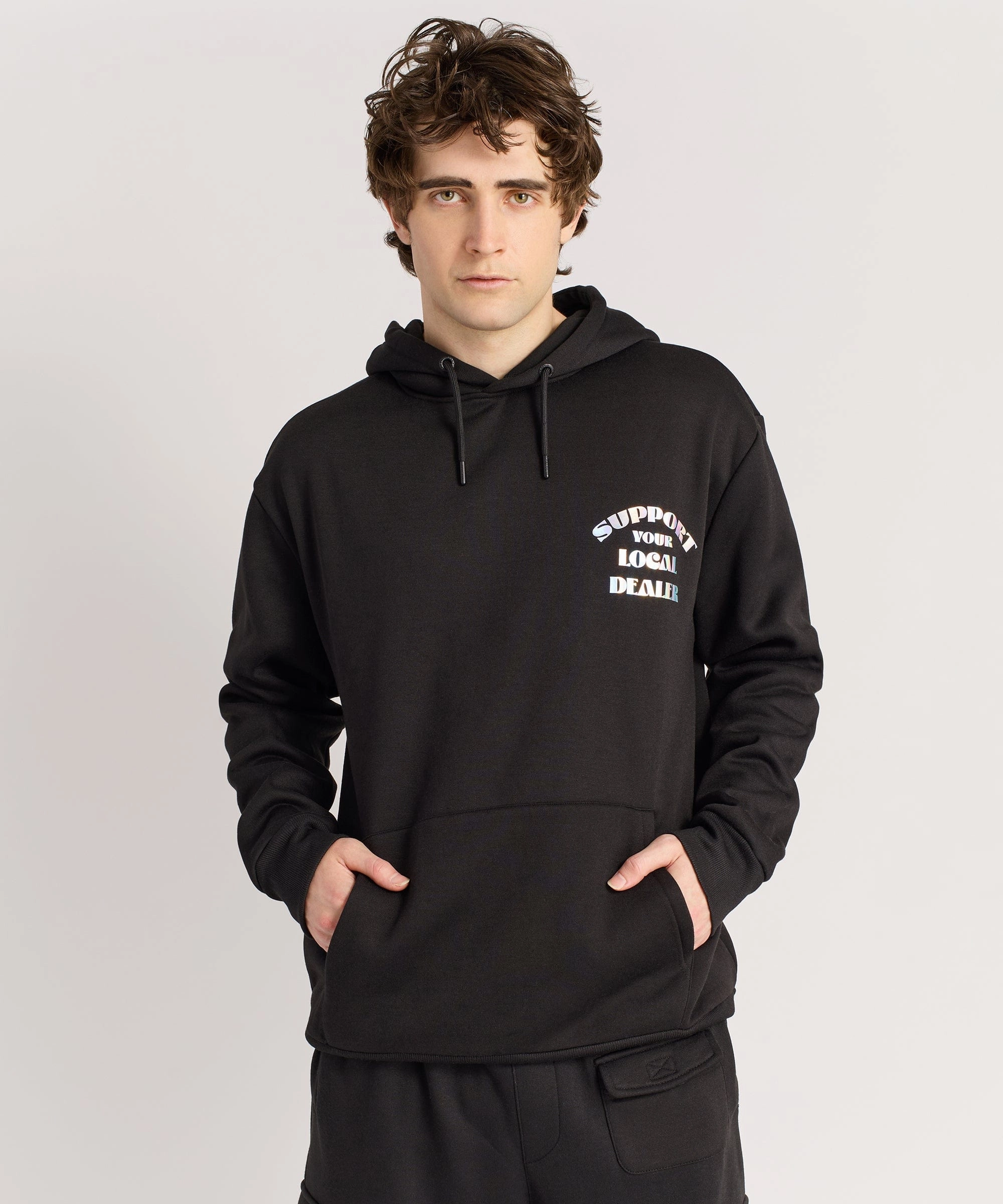 Support Local Iridescent Foil Print Hoodie - Black Soft Touch Texture