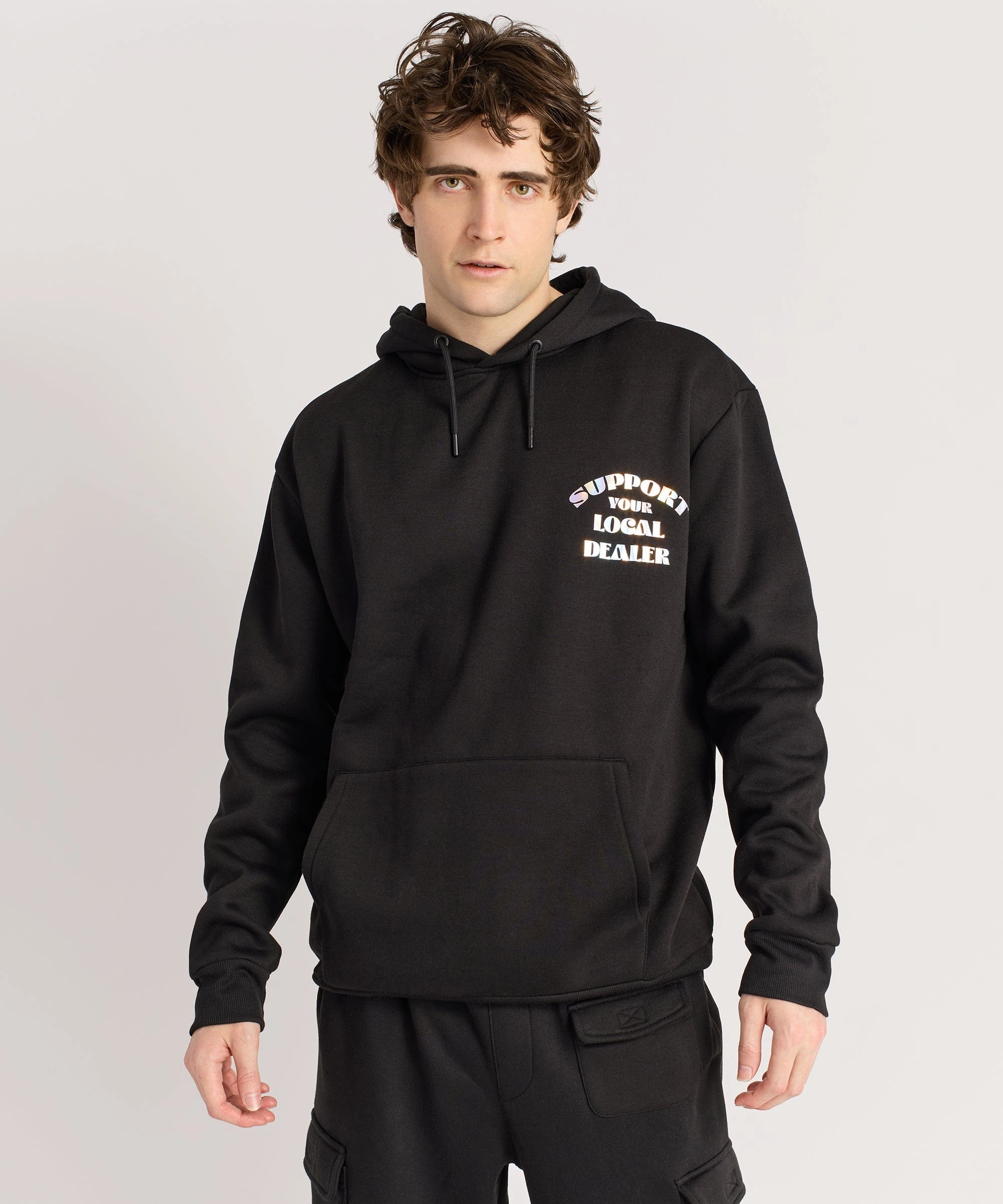 Support Local Iridescent Foil Print Hoodie - Black Long Sleeve Shirt WrinkleFree Weave