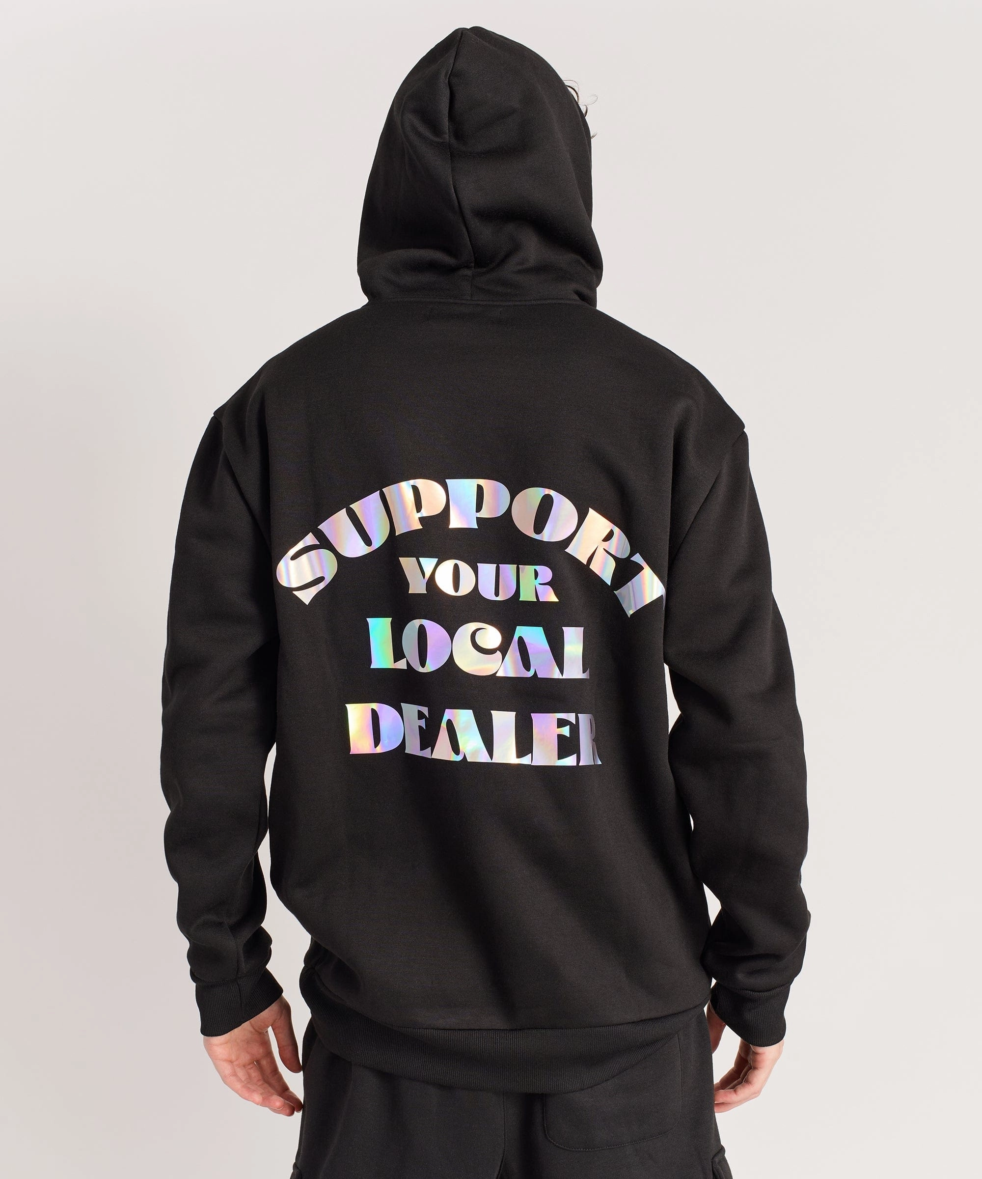 Cozy Sweater Support Local Iridescent Foil Print Hoodie - Black