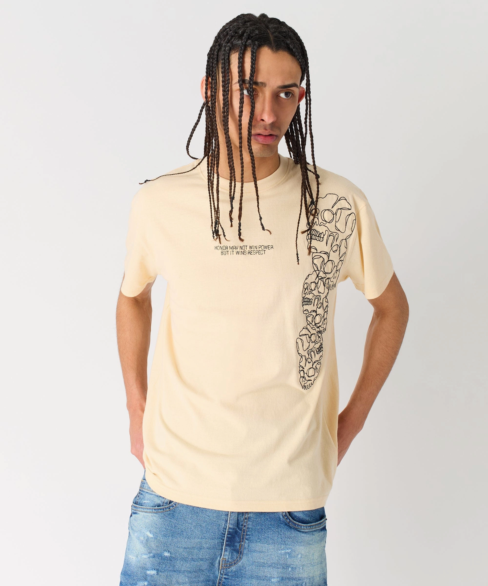 Respect Embroidered Short Sleeve Tee - Khaki DoubleStitched Hemming Basic Long Sleeve