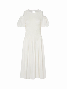 Sheer-Overlay Empire Waist Cut Shoulder Smocked Dress