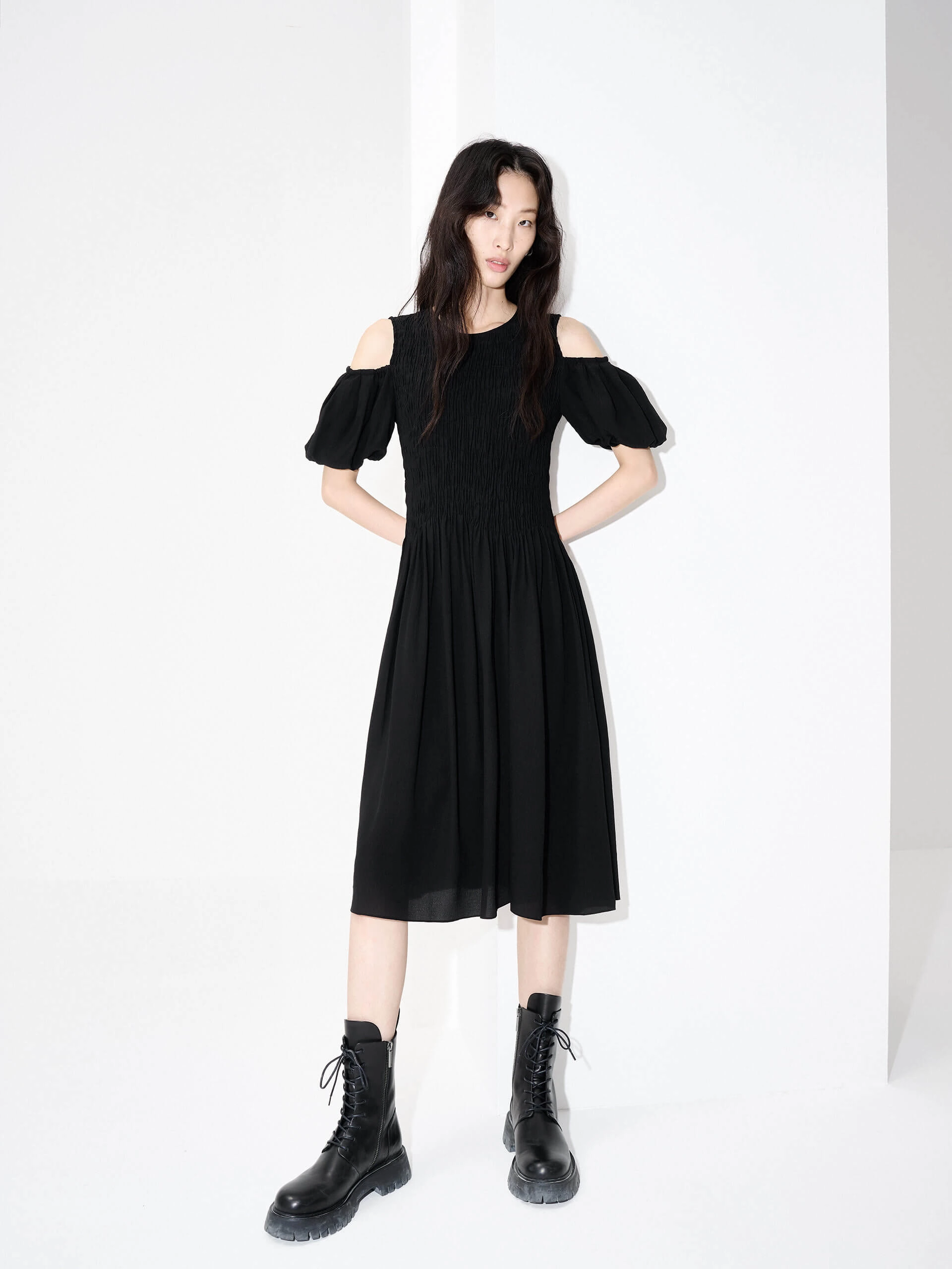 Elastic-Waist Cut Shoulder Smocked Dress