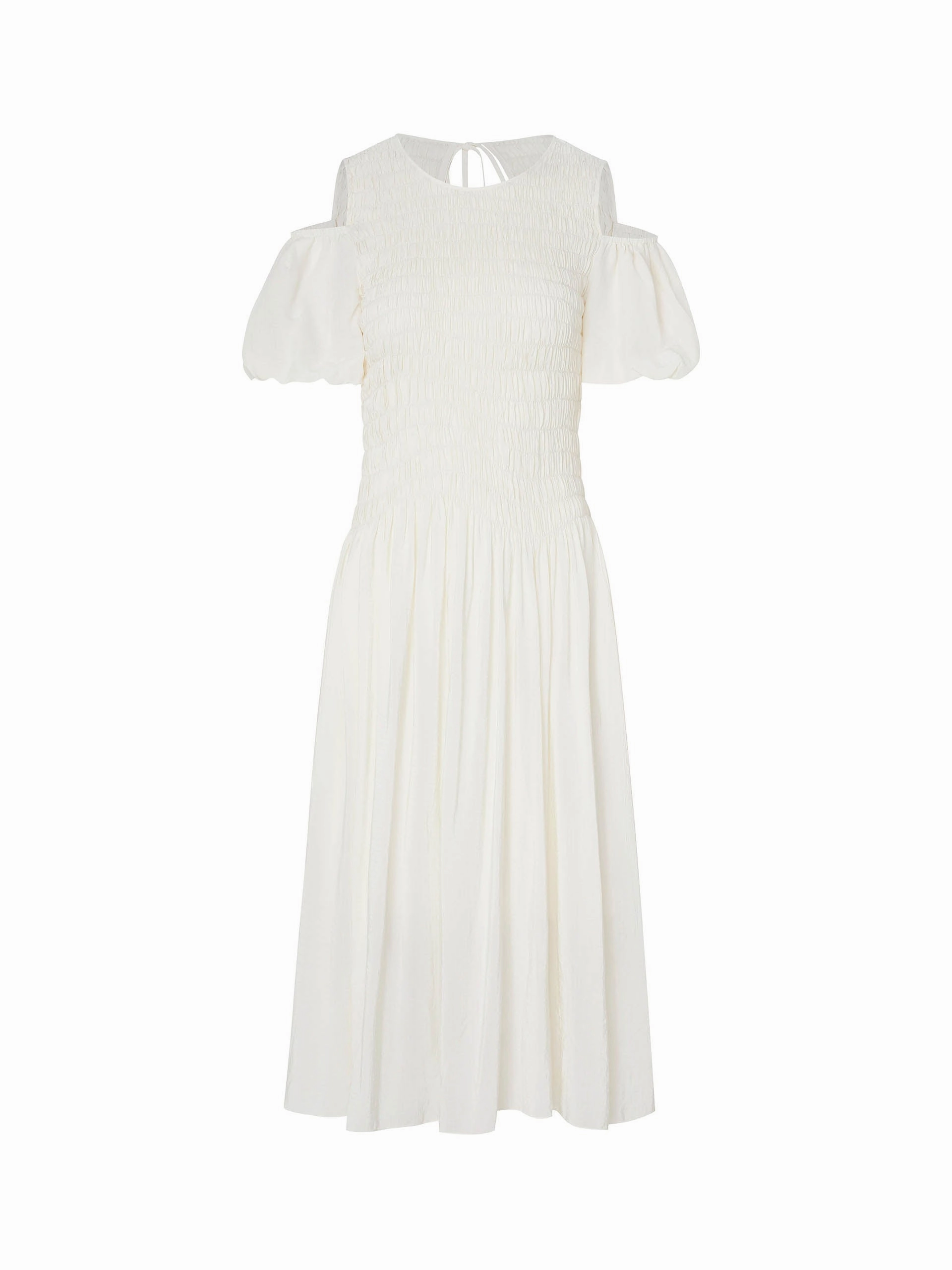 Sheer-Overlay Empire Waist Cut Shoulder Smocked Dress