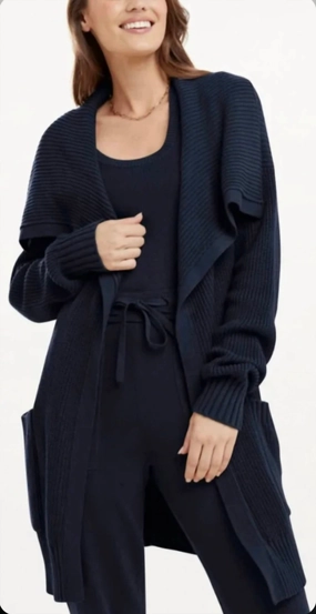 Talia Long Sleeve Cardigan In Navy Flexible Collar Opening