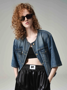 Quick Release Fasteners Collarless Denim Jacket