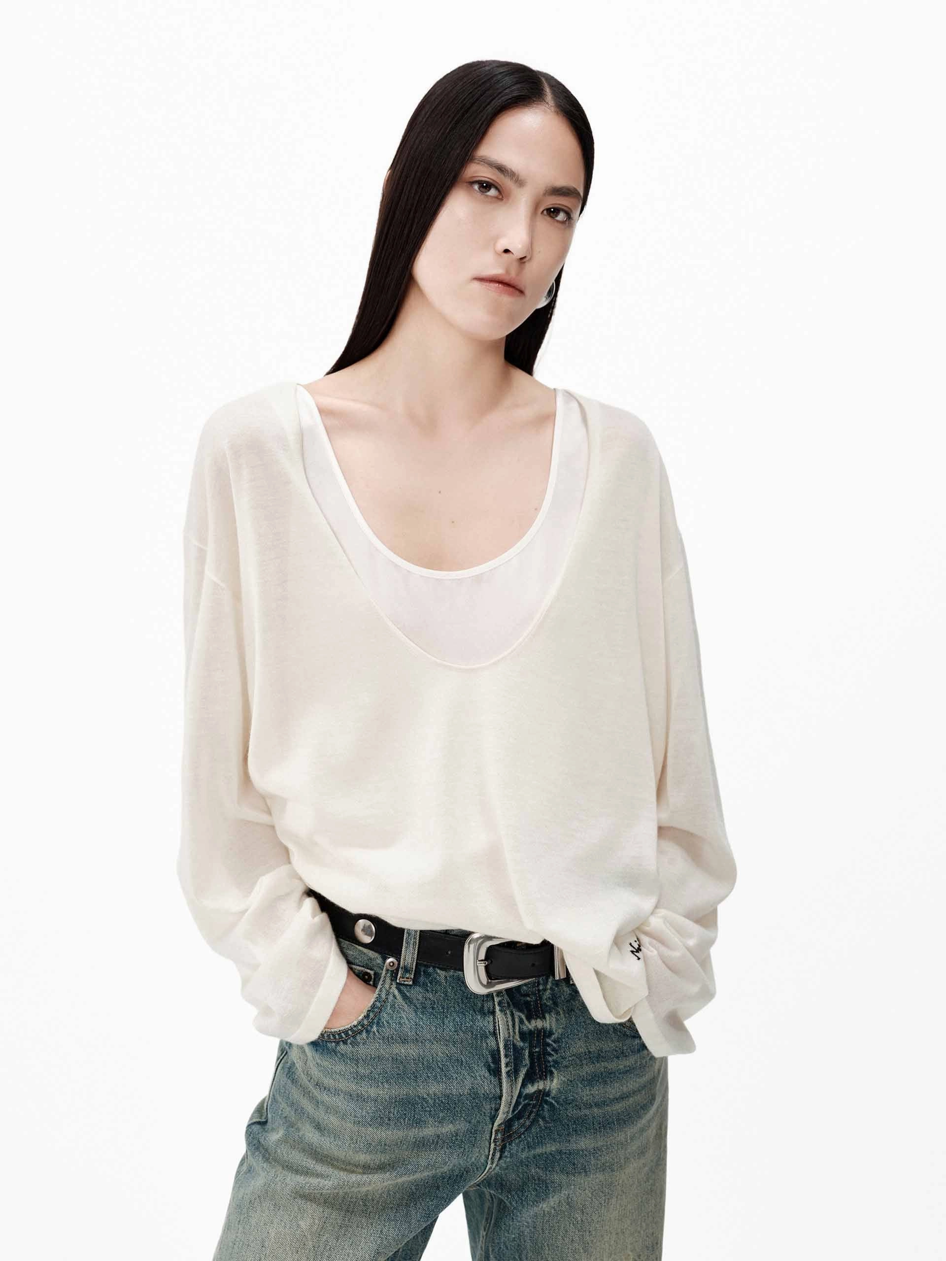 Cashmere Sweater Set ContrastStitching Convertible Style