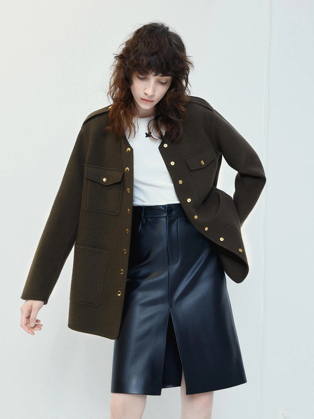HiddenZipper Metal Button Collarless Coat