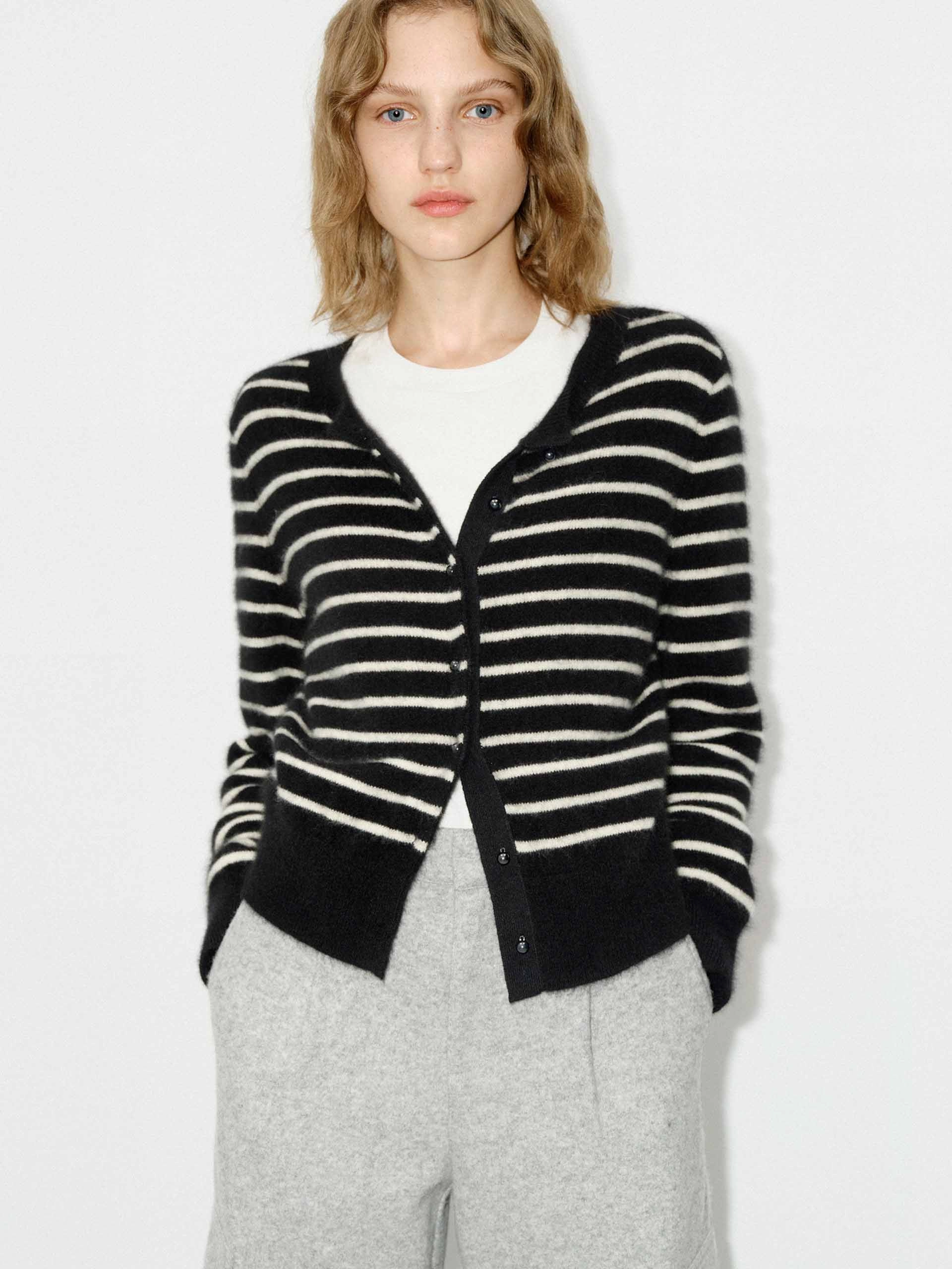 Compact Weave Fabric Button Closure Striped Cardigan