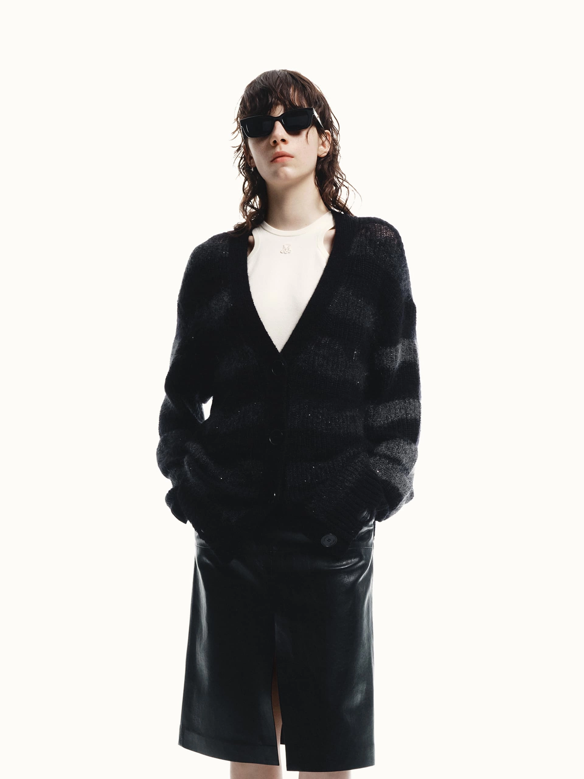 MoistureWicking Material Layered Collar Loose Distressed Knit Cardigan