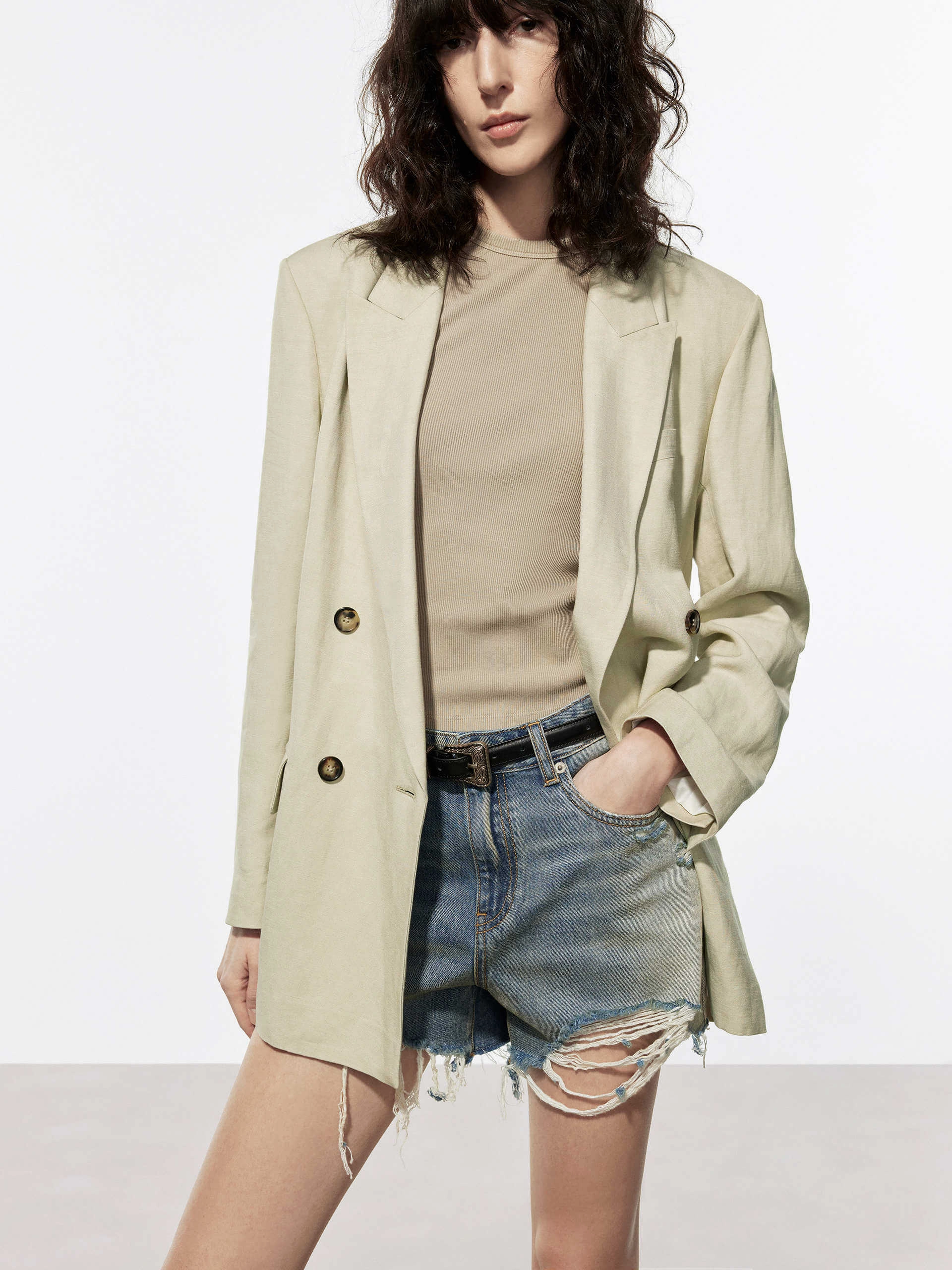 Linen Blend Tailored Blazer Cozy Hood Detail