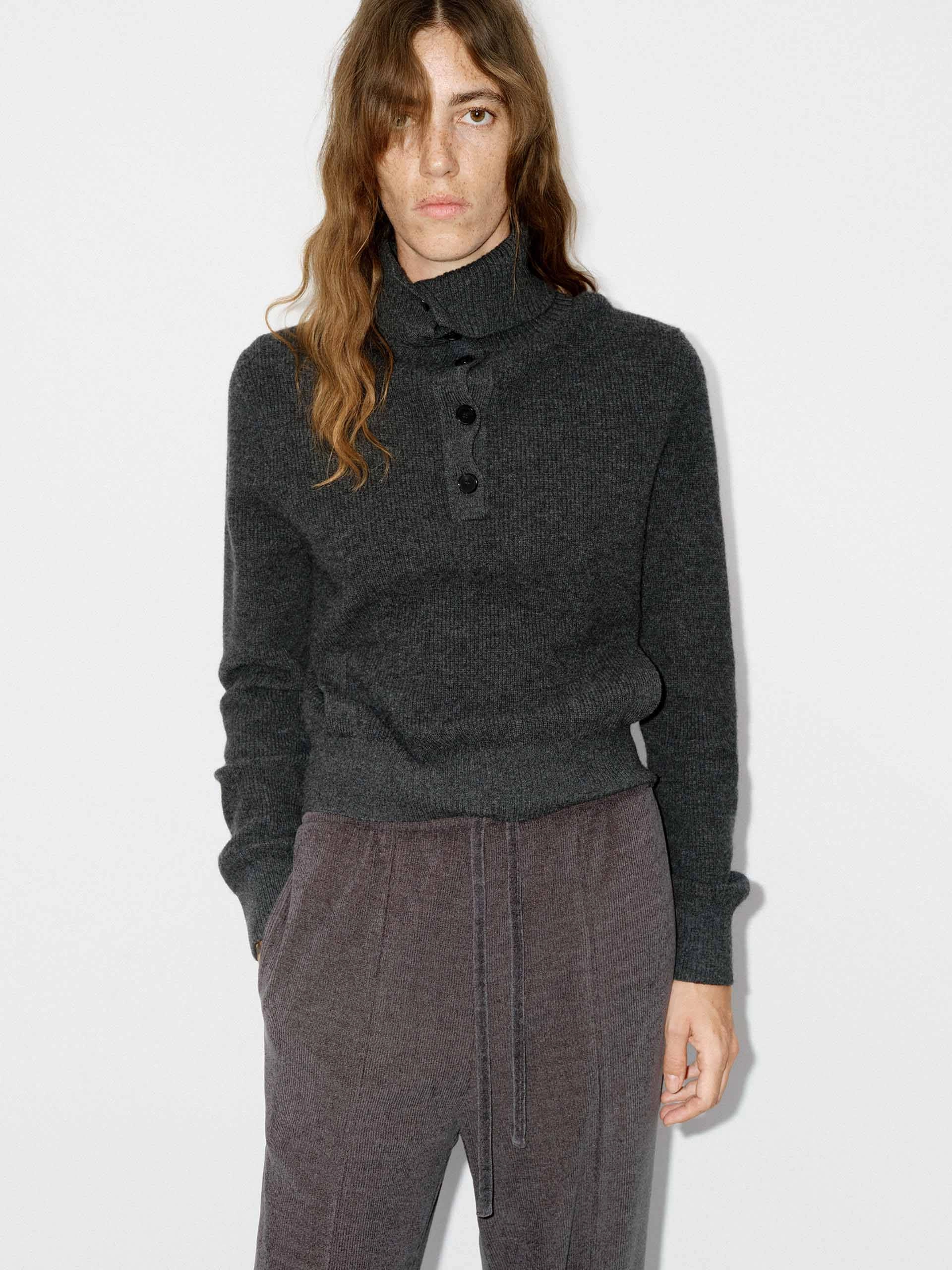 Half Button Wool Knit Top Chic Look Adjustable Hem