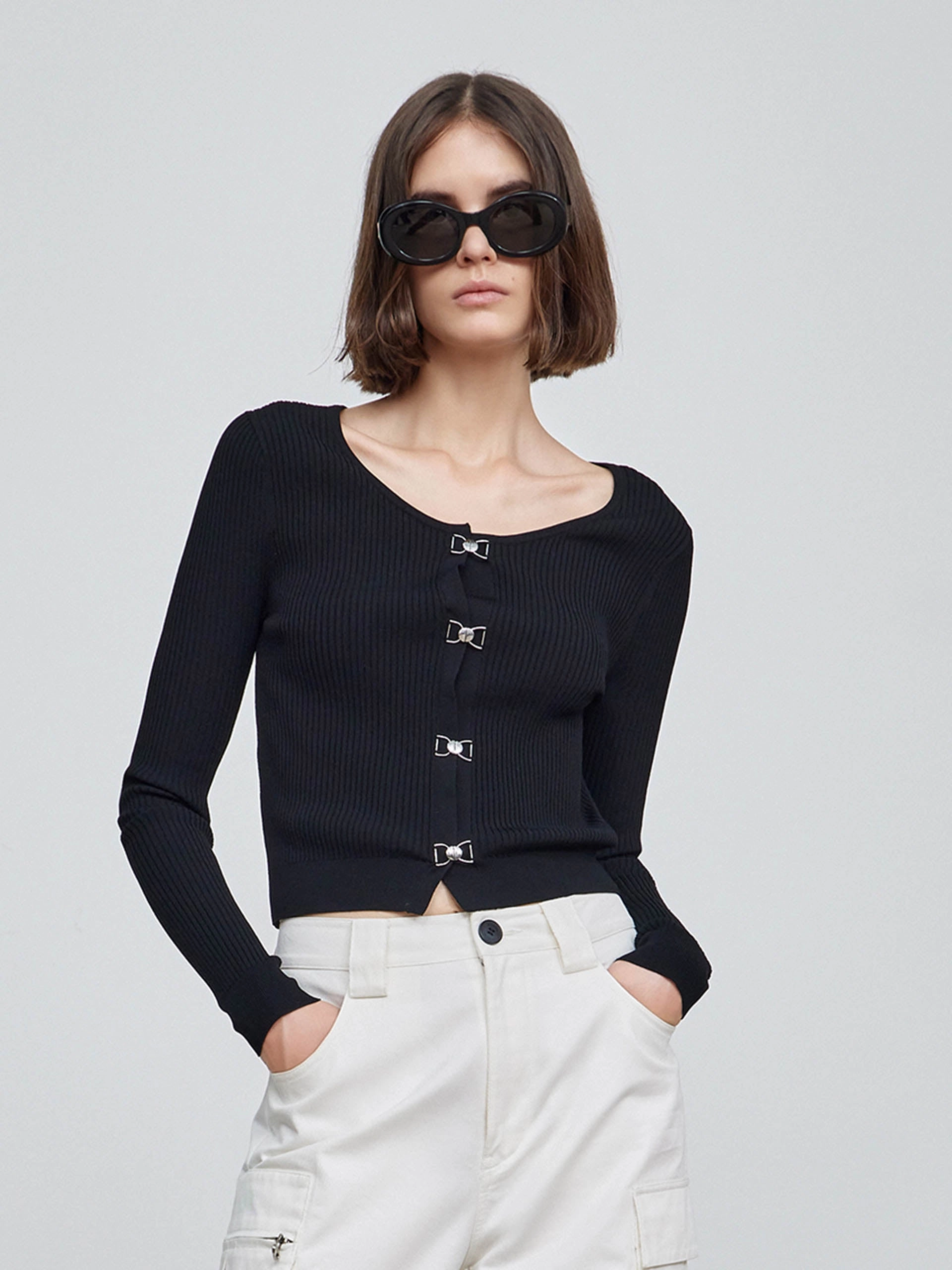 Cropped Knit Top with Metal Buttons Reinforced Shoulder Seams