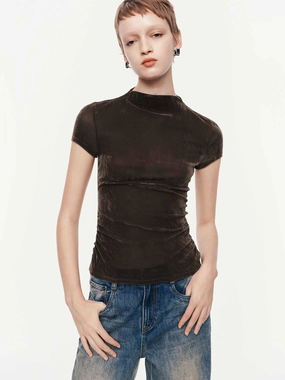 Lightweight Material Side Pleated Velvet Top