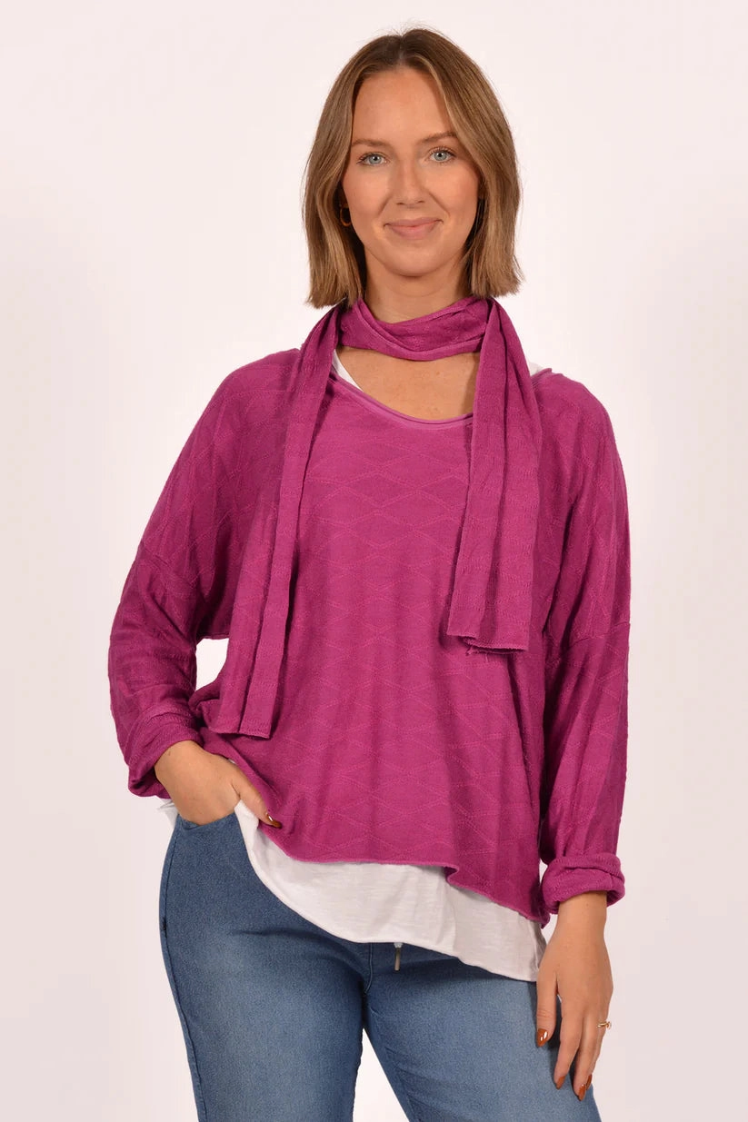 Diamond Patterned Sweater w/ Scarf Flowing Design TwillWeave
