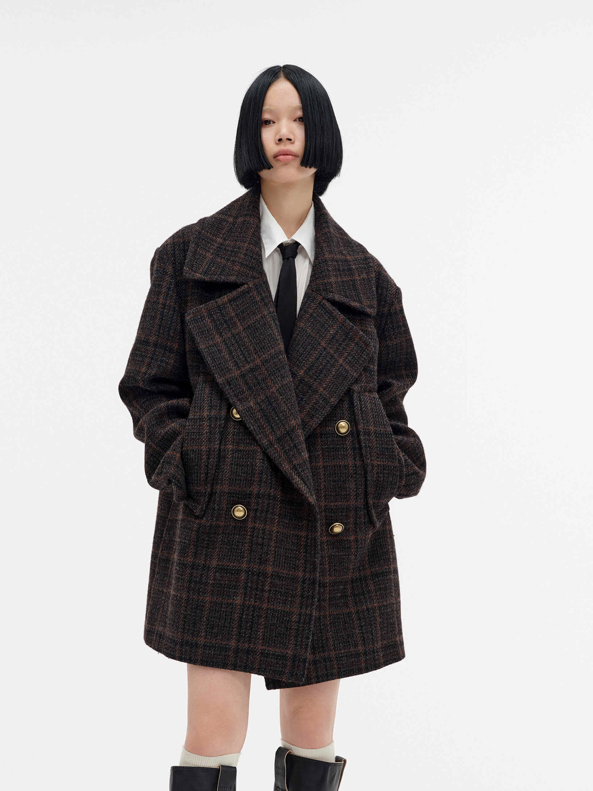 Ergonomic Cut Contrast Stitching Wide Collar Checked Coat