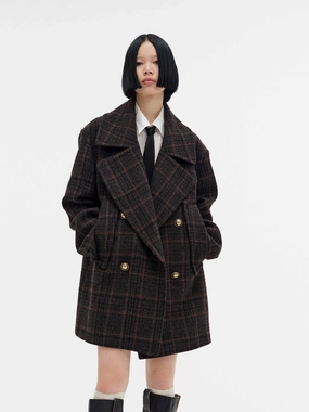 Wide Collar Checked Coat StretchKnit Minimalist Aesthetic