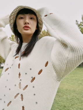 Stretch Fit Top Wool Blend Openwork Rin Knit Pullover
