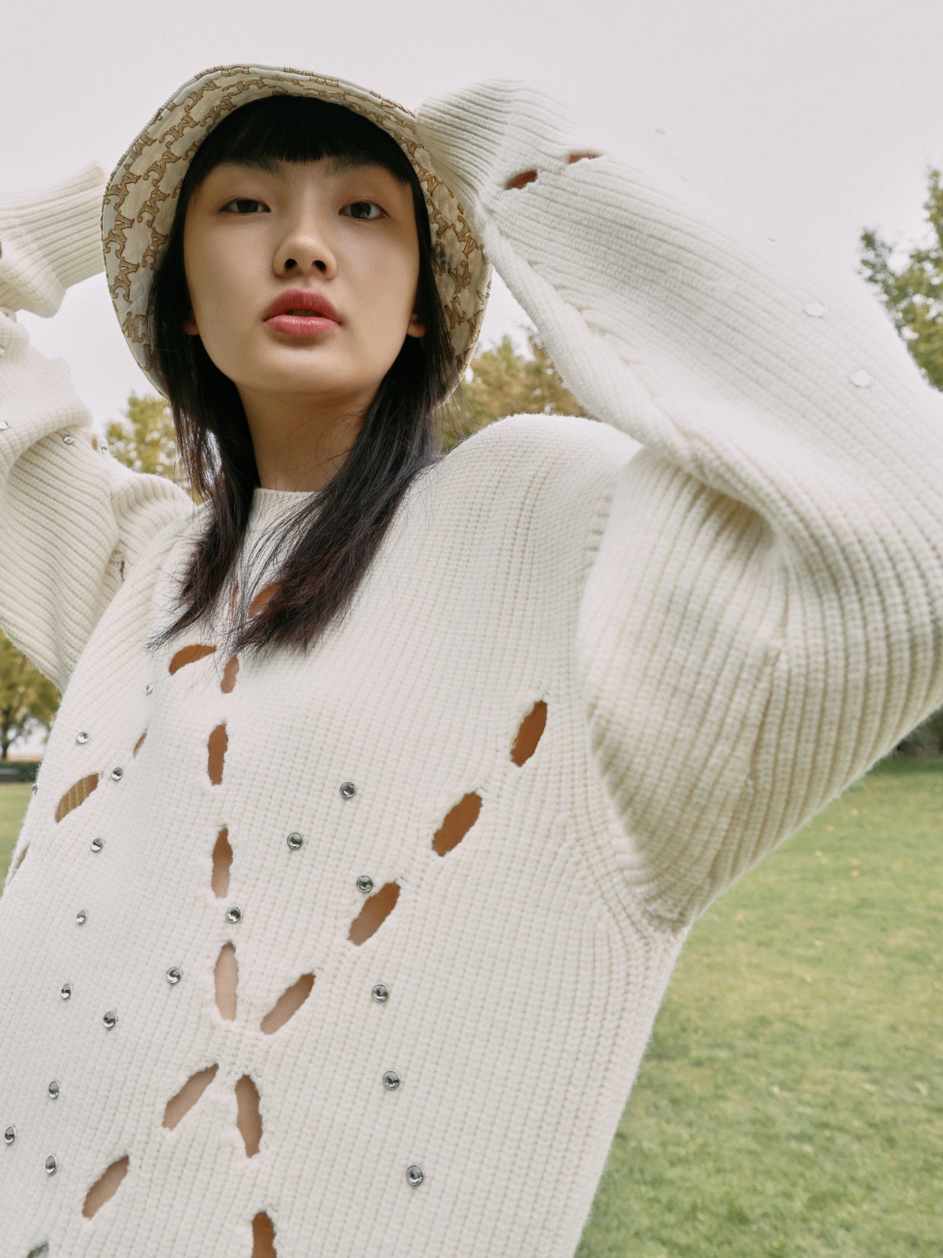 Stretch Fit Top Wool Blend Openwork Rin Knit Pullover