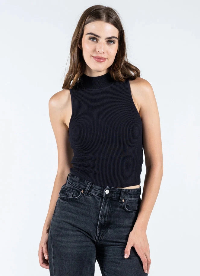 Ottoman Rib Sleeveless Mock Neck Top AntiMicrobialLining YarnDyed Stripes
