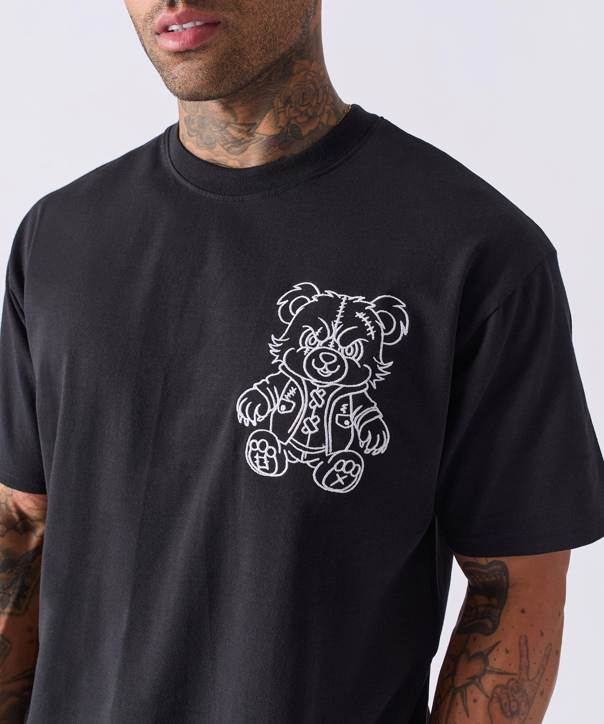 Reinforced Hemline Compression Fit Teddy Embroidered Short Sleeve Tee - Black