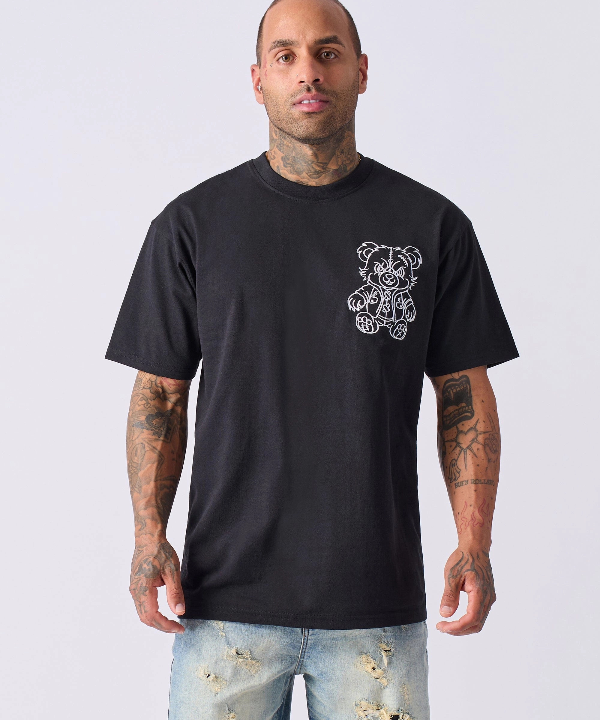 Teddy Embroidered Short Sleeve Tee - Black Adjustable Cuffs