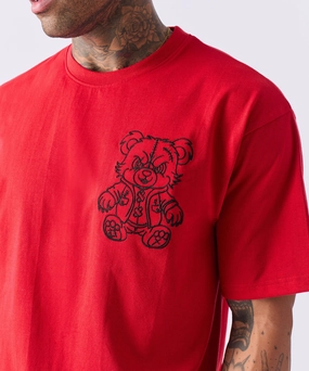 Teddy Short Embroidered Sleeve Tee - Red Stretch Fit Top