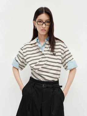 Polo Collar Striped Top Light Fabric
