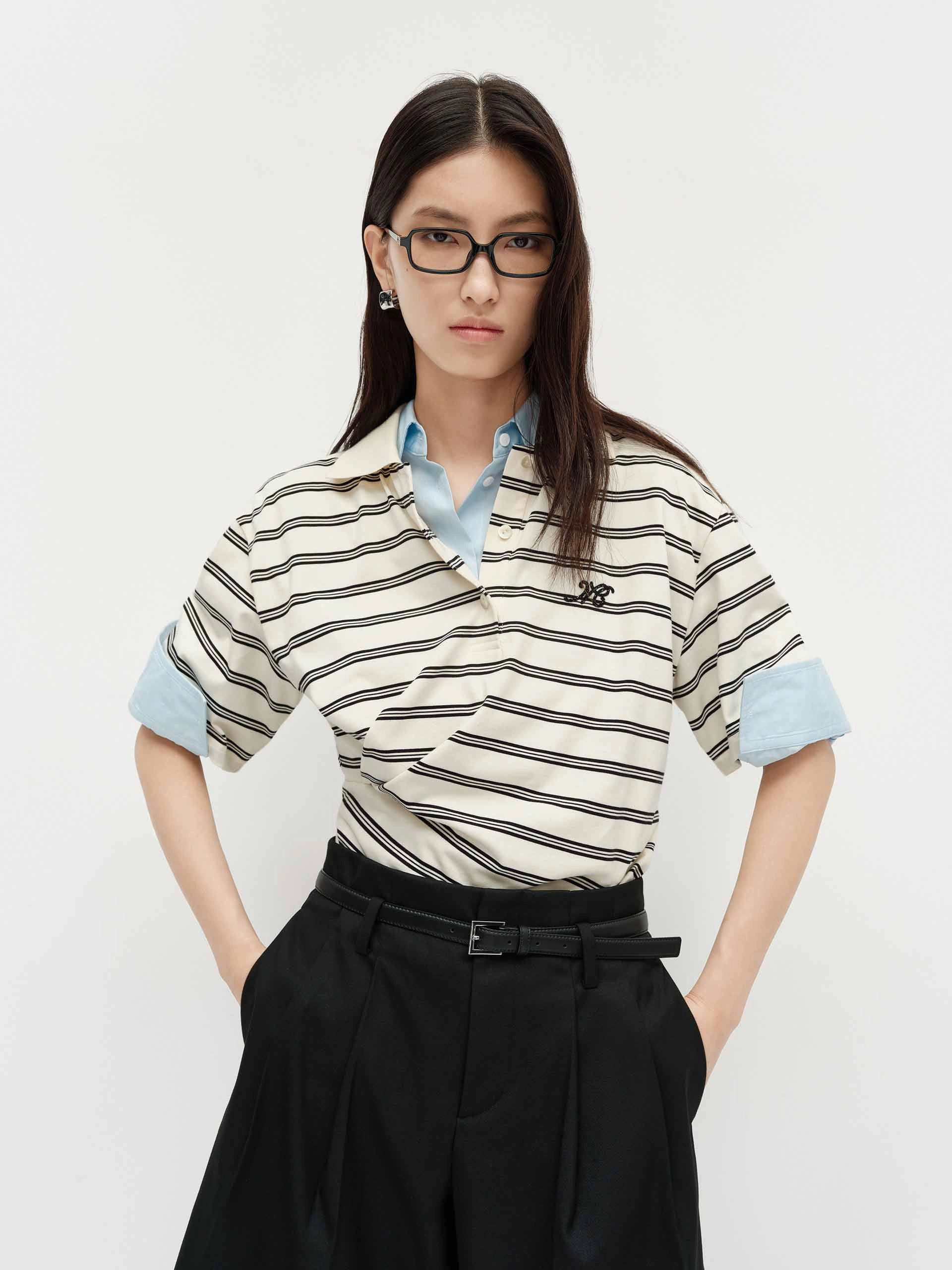 RibbedTexture OversizedSilhouette Polo Collar Striped Top