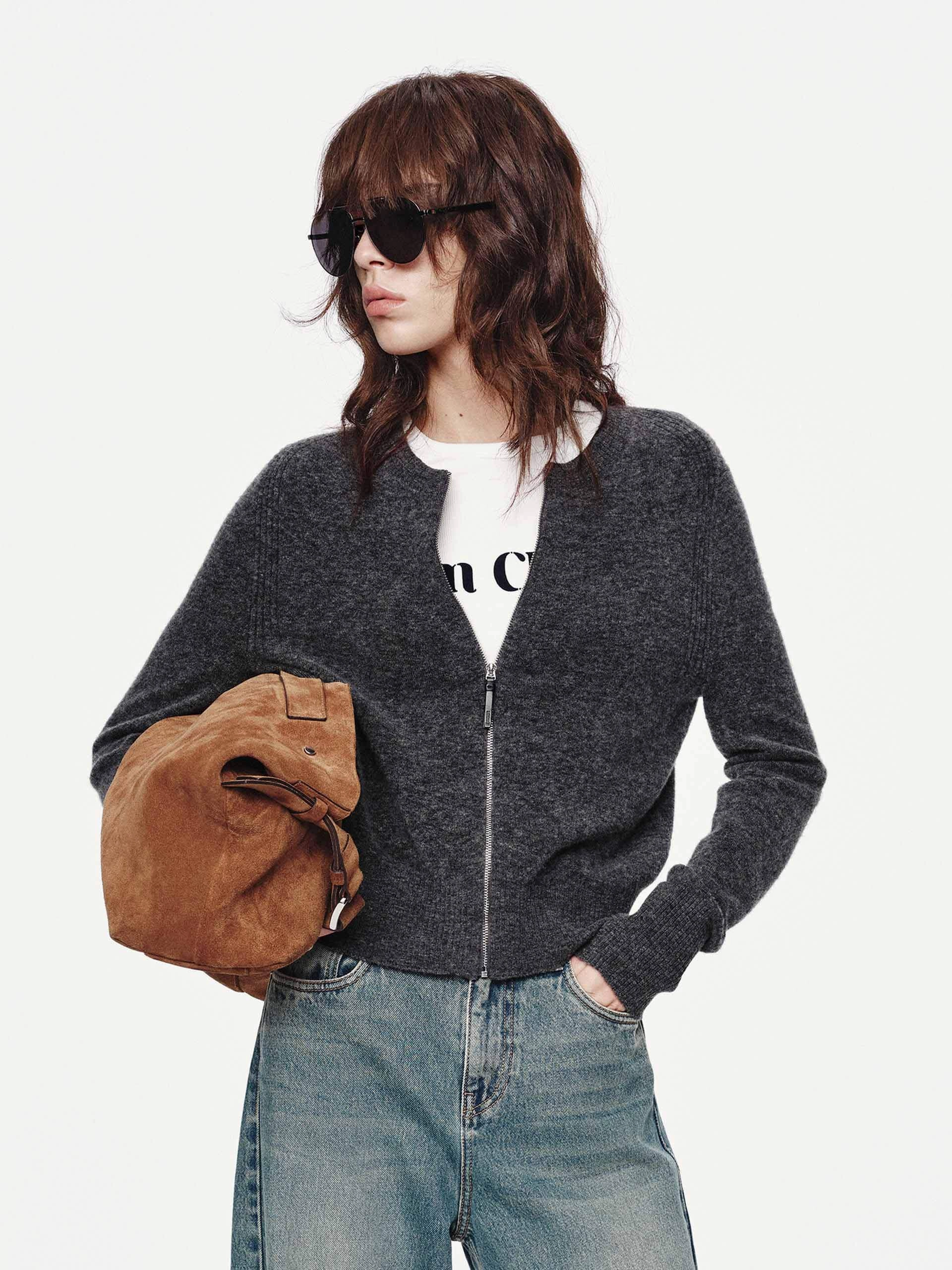 Wool Blend Knitted Cardigan DurableDoubleLayeredHem ReinforcedArmholes