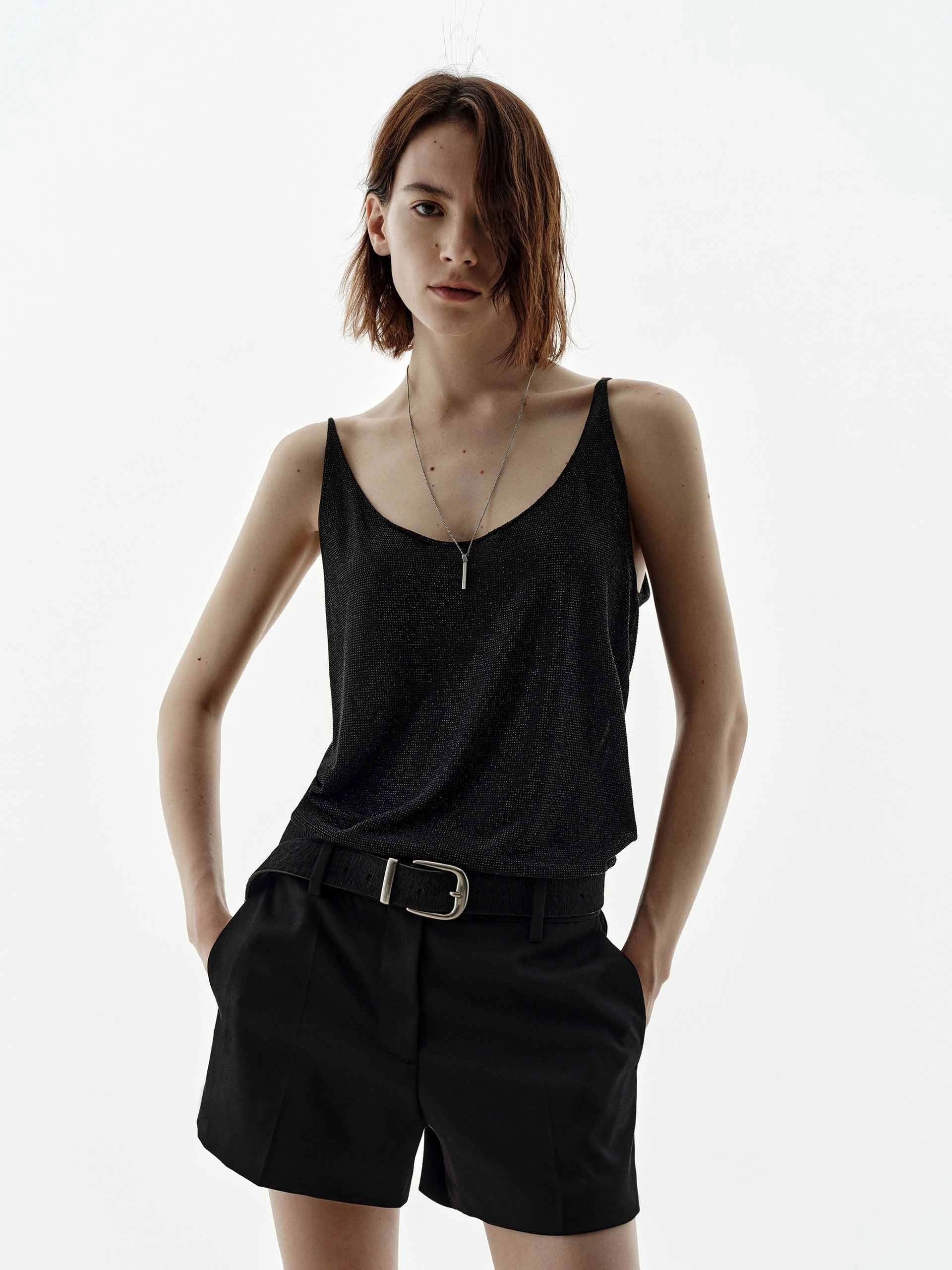 U-neck Rhinestones Tank Top DoubleLayeredShoulders