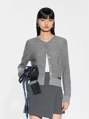 RibbedTrims Round Neck Wool Cardigan