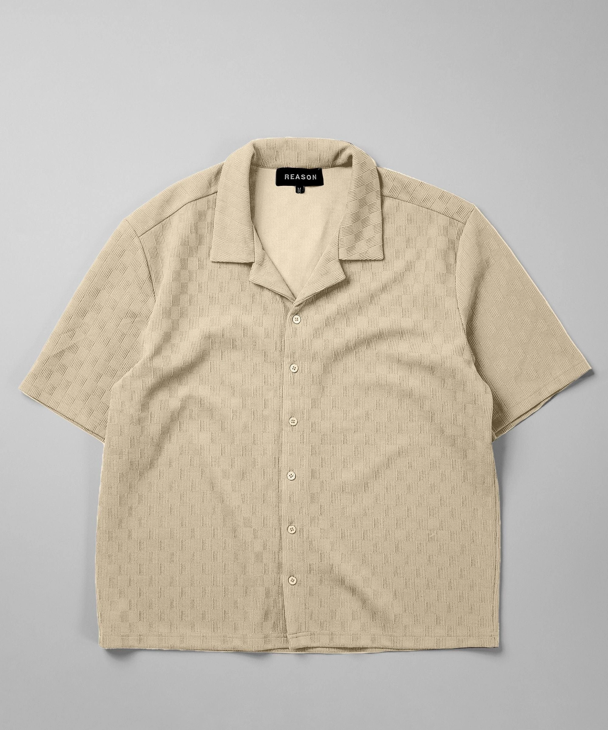 Ultra Soft Handfeel Textured Knit Short Sleeve Button Down Shirt - Beige