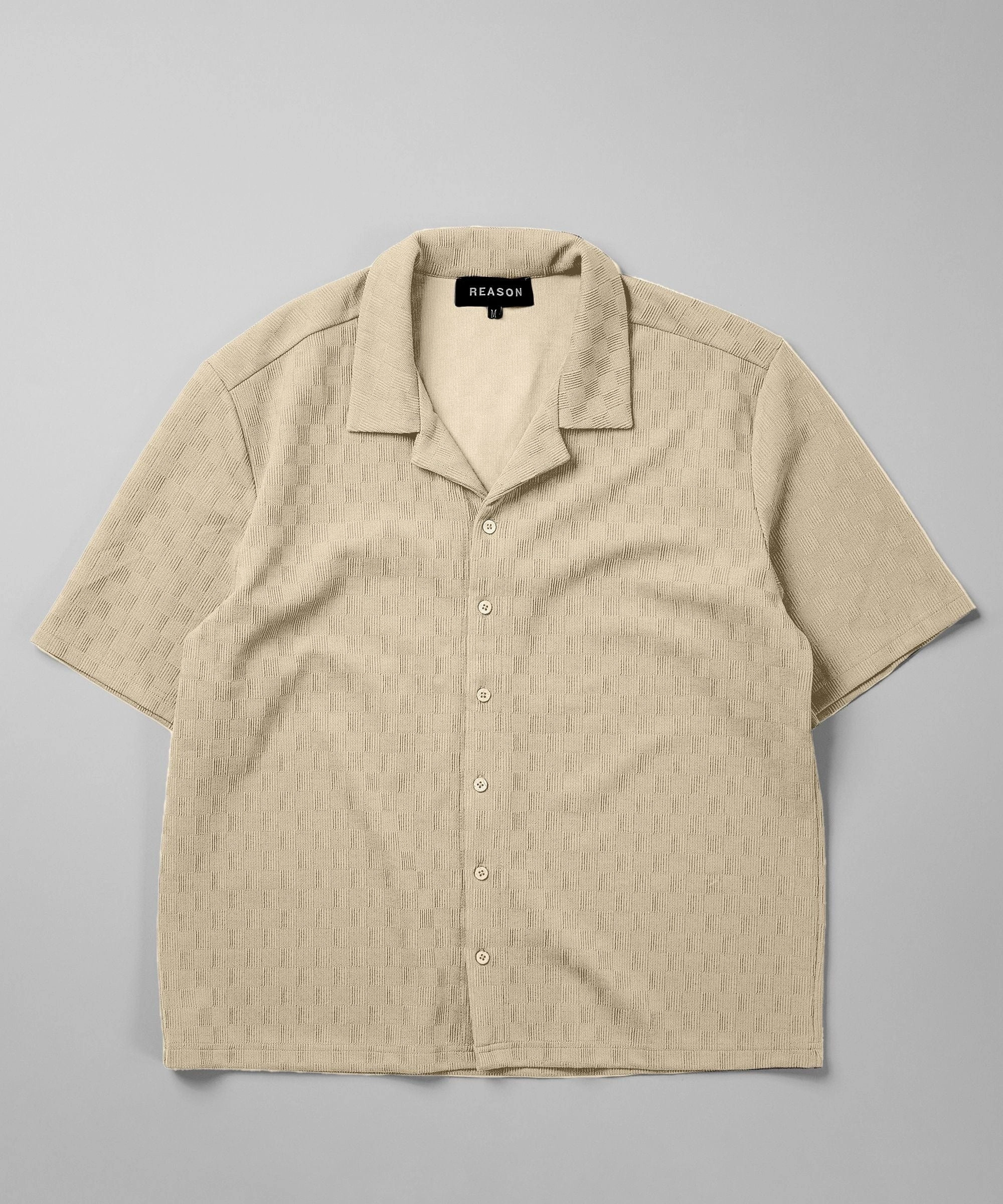 Textured Knit Short Sleeve Button Down Shirt - Beige Breathable mesh
